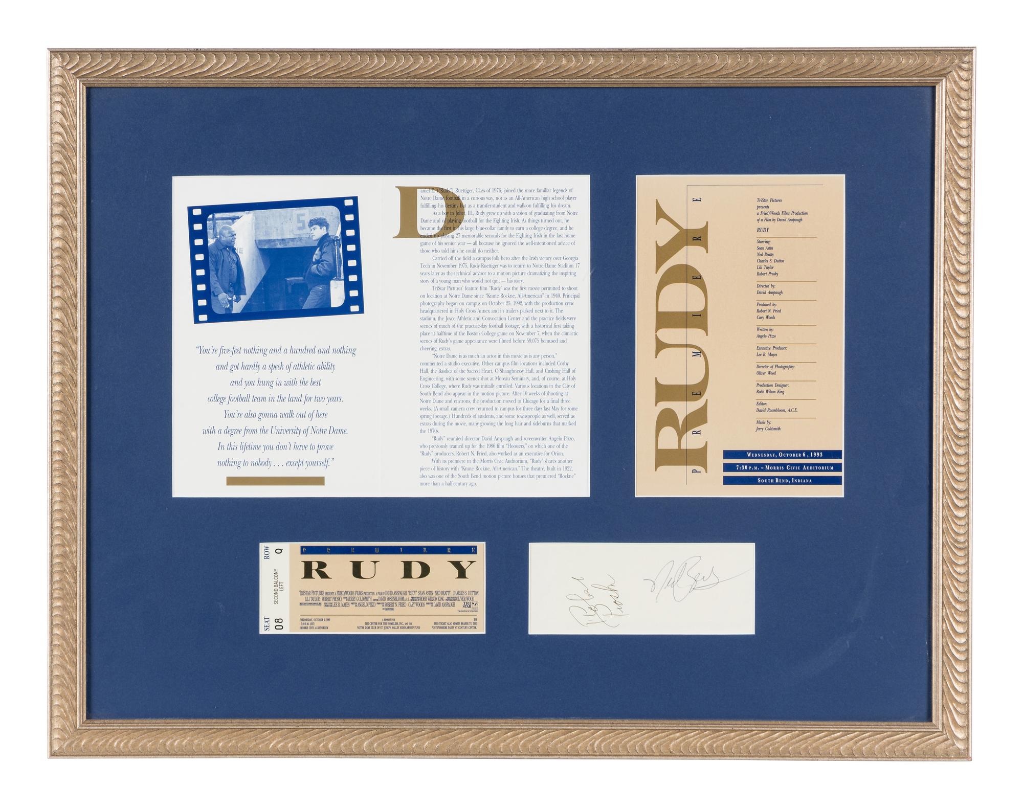 A "Rudy" Notre Dame Premiere Invitation Display,