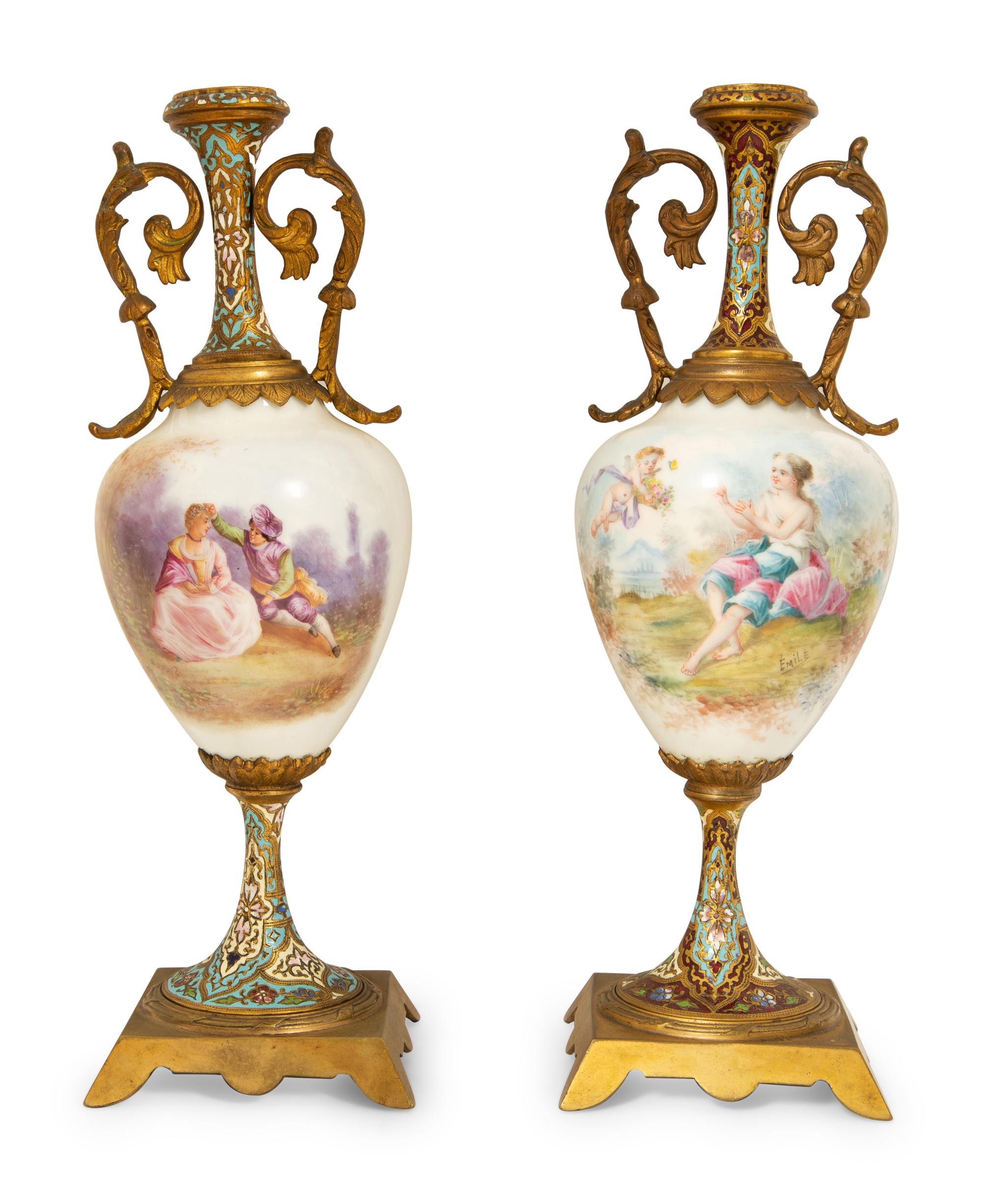 A Pair of French Sevres Style Porcelain and Champleve Vases — 19TH/20TH CENTURY