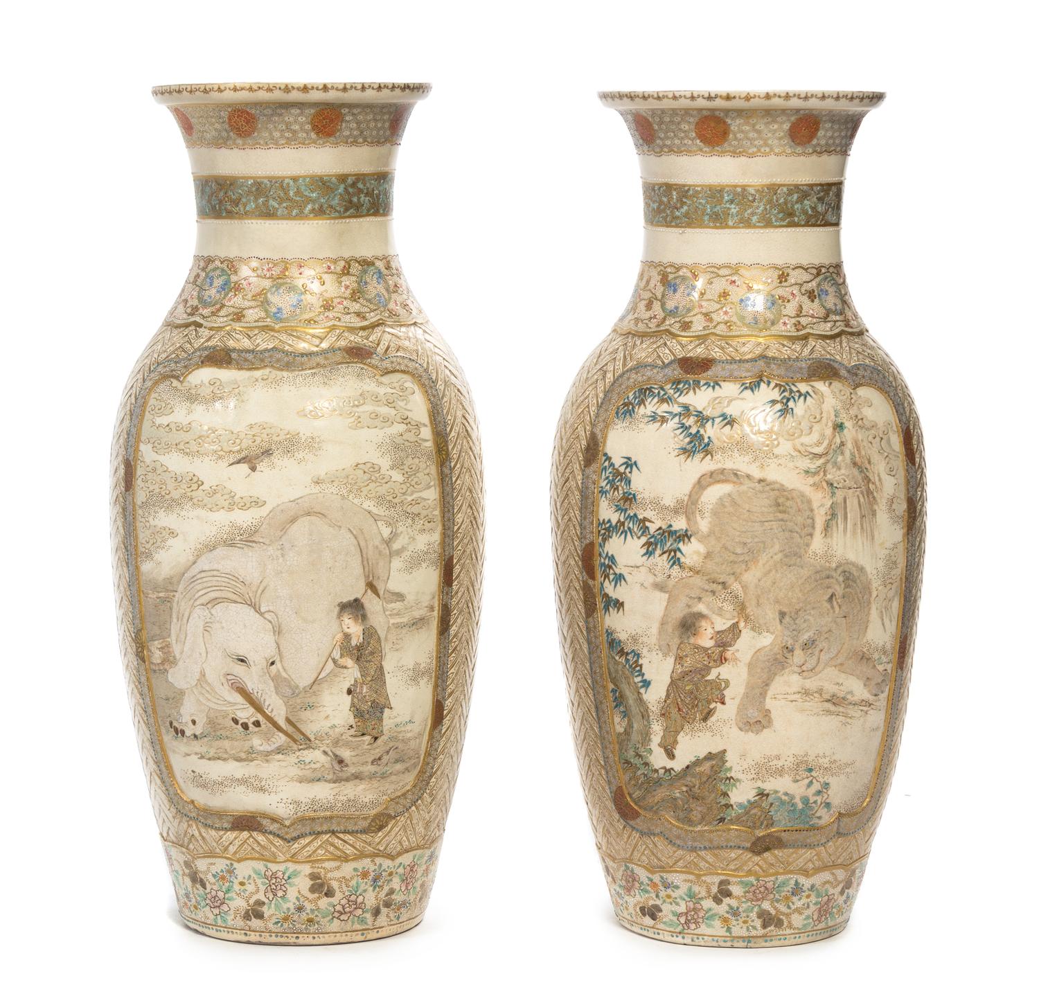 A Pair of Satsuma Porcelain Vases Height 21 inches.