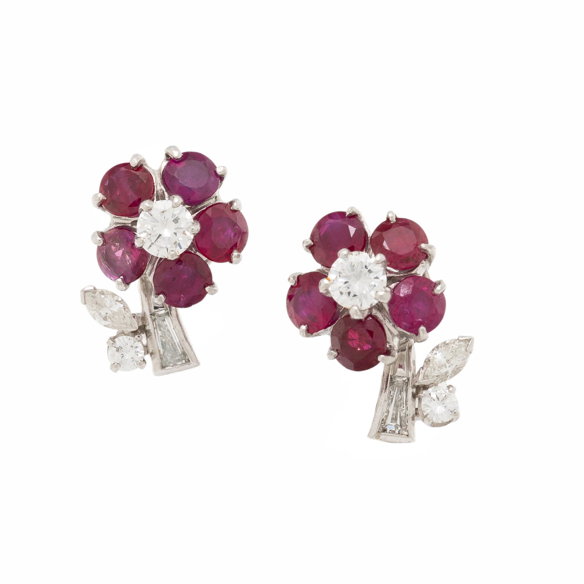 J.E. CALDWELL & CO., RUBY AND DIAMOND FLOWER EARRINGS