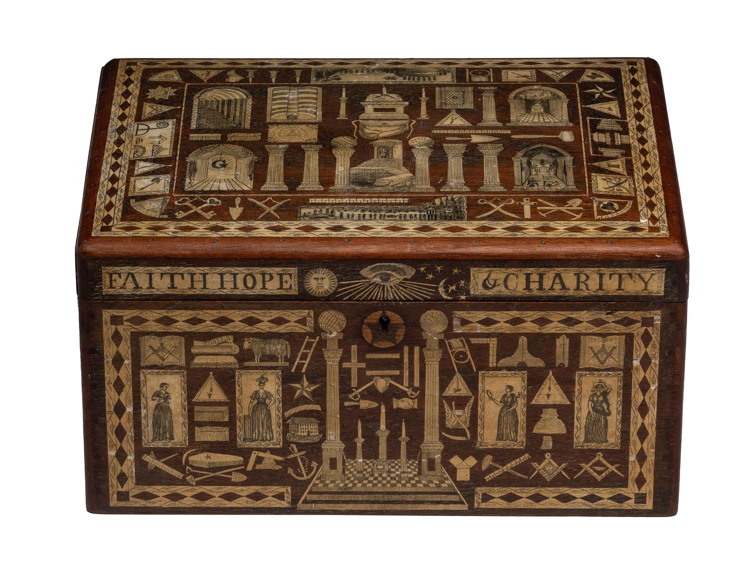 An American Scottish Rite Masonic-Decorated Sulphur Inlaid and Penwork Walnut Cash Box