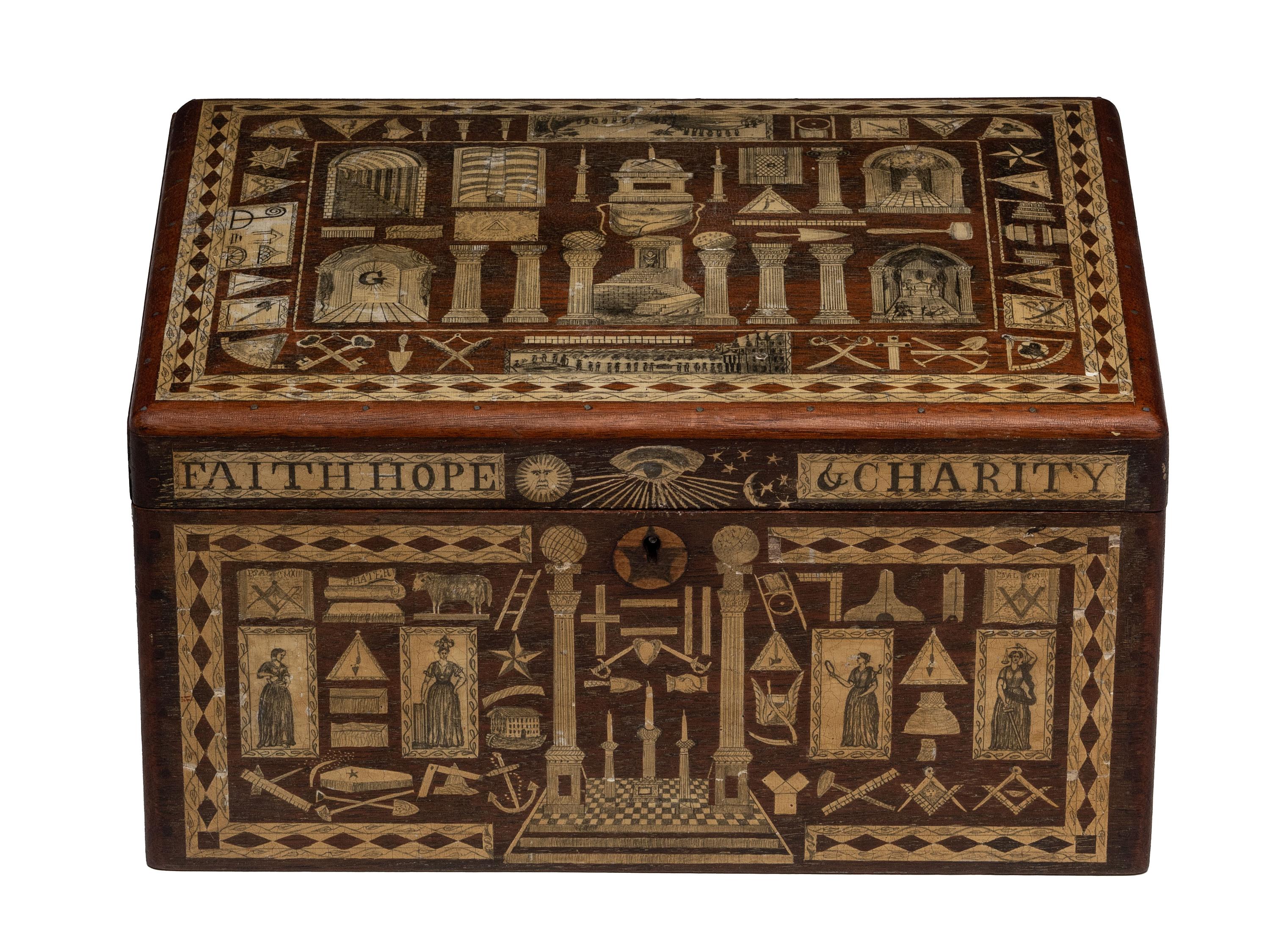 An American Scottish Rite Masonic-Decorated Sulphur Inlaid and Penwork Walnut Cash Box