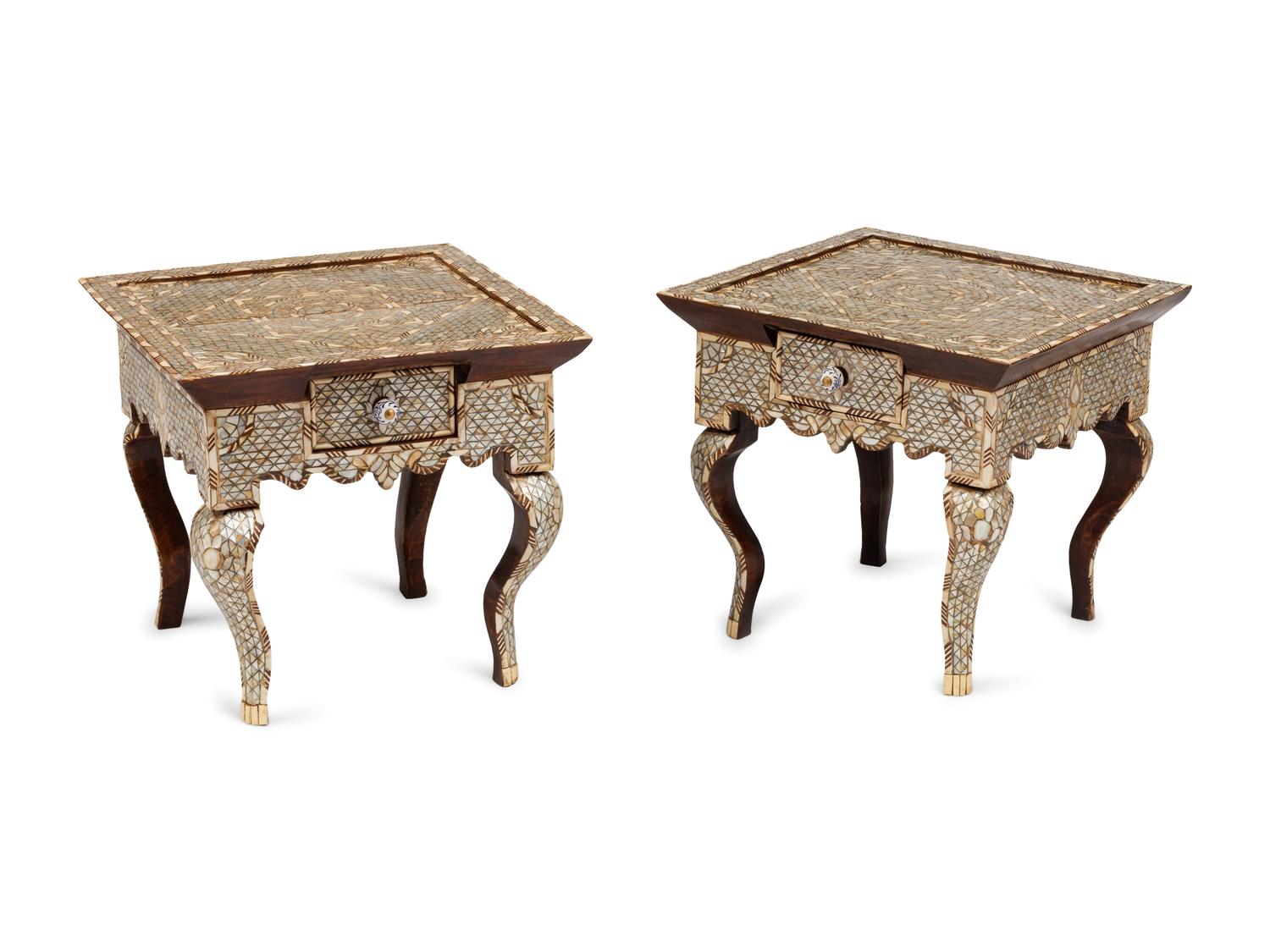 A Pair of Syrian Pewter and Mother-of-Pearl Inlaid Side Tables