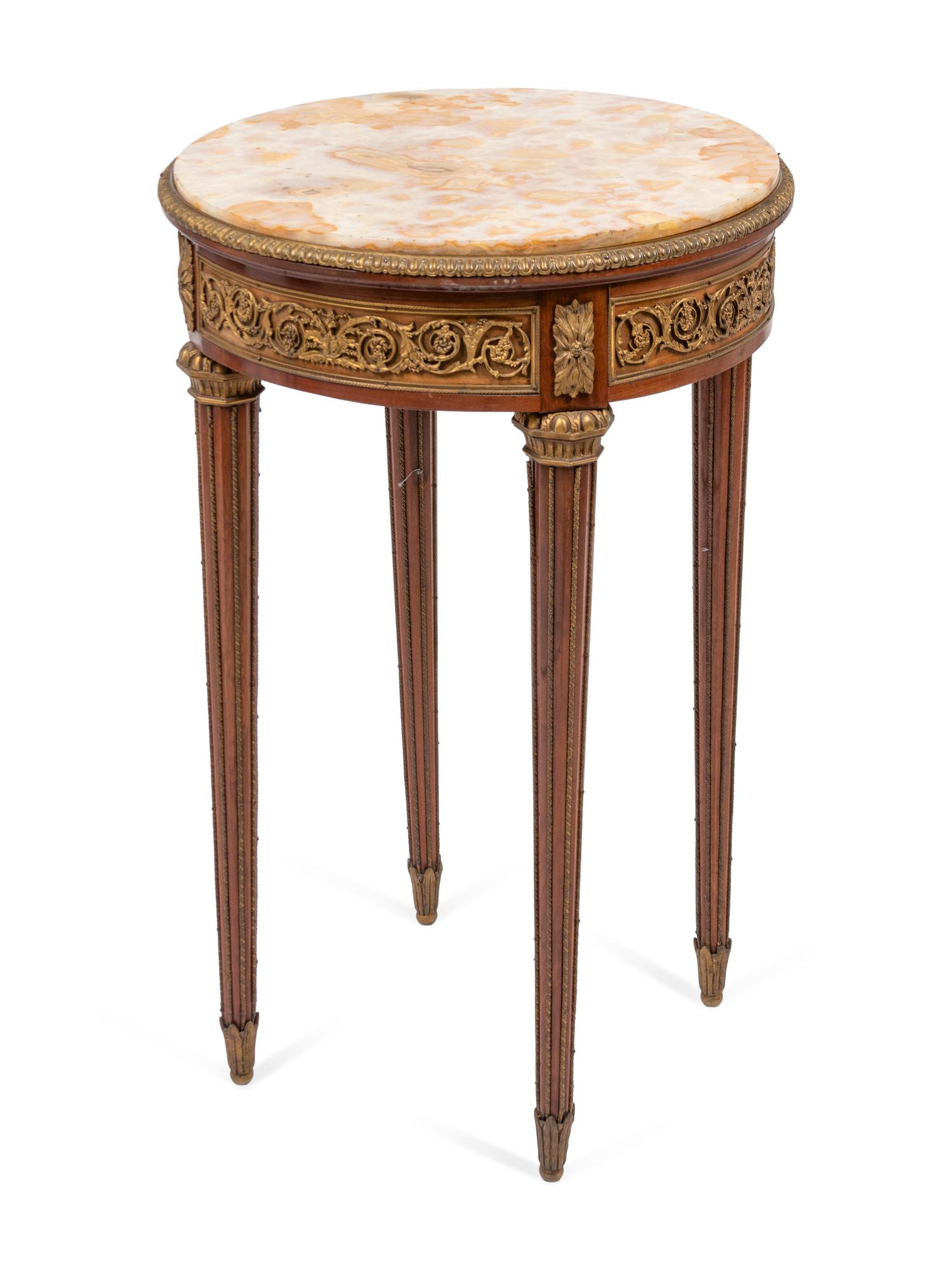 A Louis XVI Style Gilt-Bronze Mounted Mahogany Onyx-Top Side Table