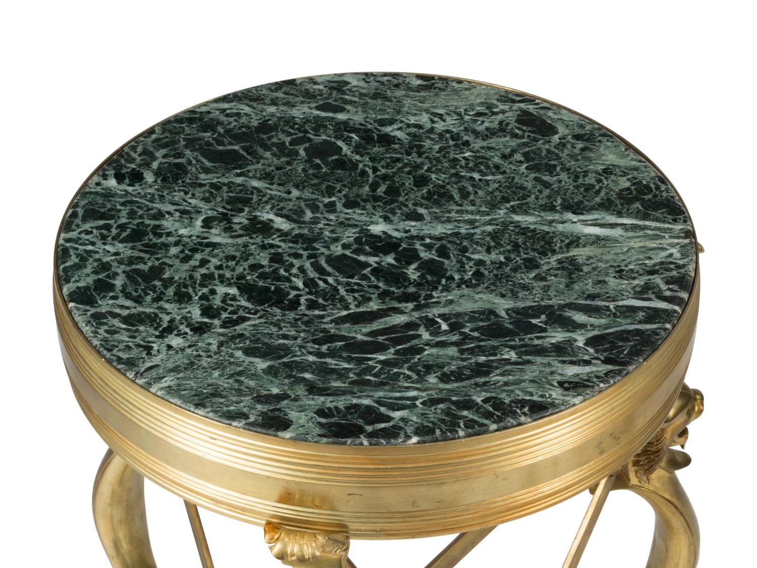 A Pair of French Neoclassical Style Gilt Bronze Marble-Top Lion-Motif Tables