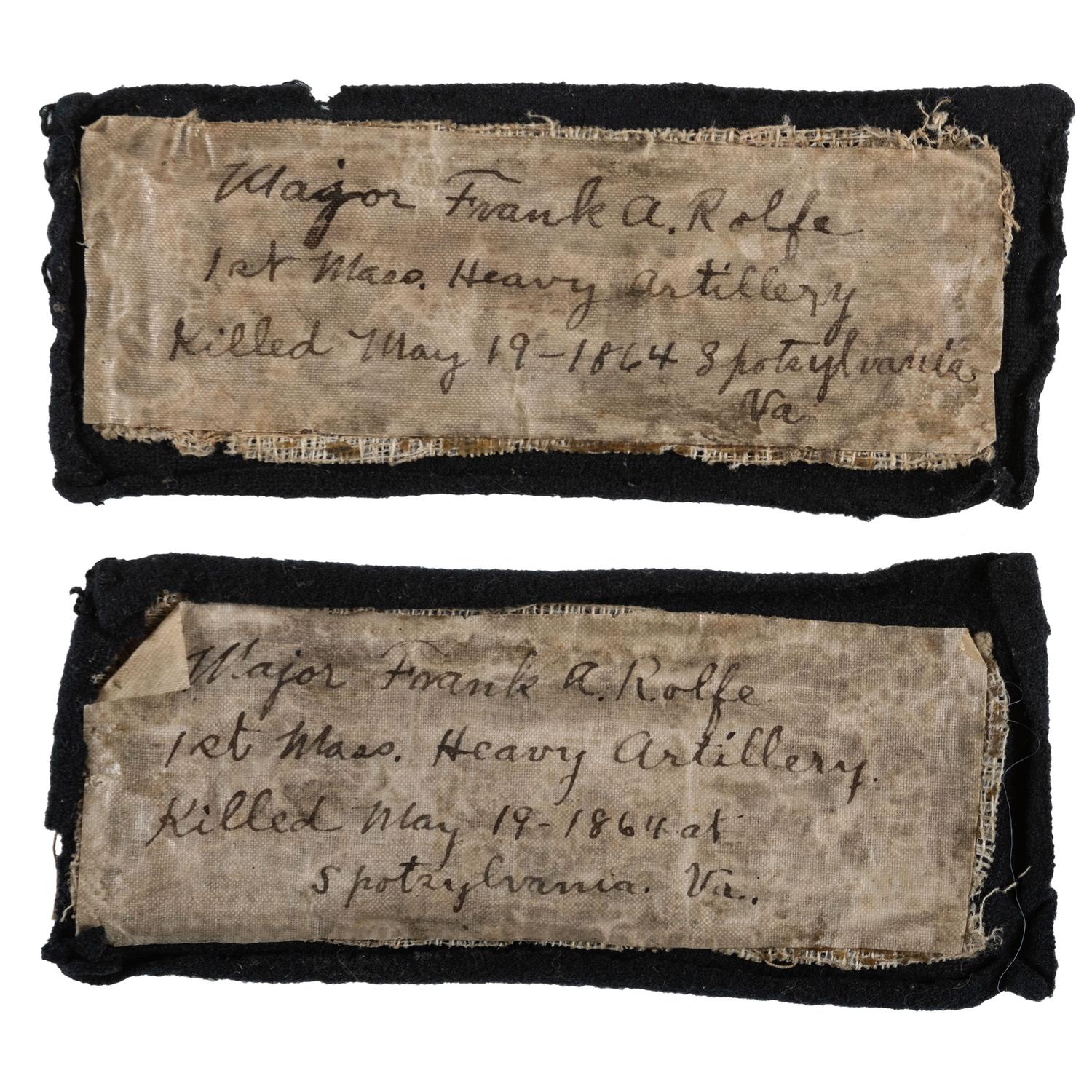 Major Frank Rolfe, 1st Massachusetts Heavy Artillery, KIA Battle of Harris Farm. Shoulder straps and ephemera.