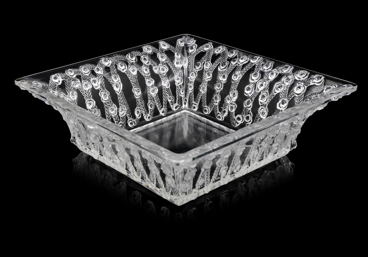 Lalique Rose and Vine Square Bowl Height 3 x width 9 1/2 x depth 9 1/2 inches