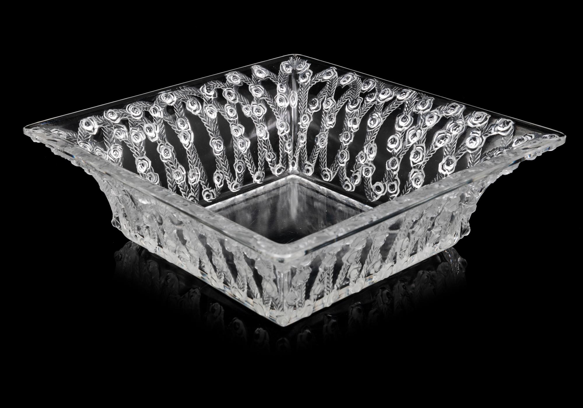 Lalique Rose and Vine Square Bowl Height 3 x width 9 1/2 x depth 9 1/2 inches