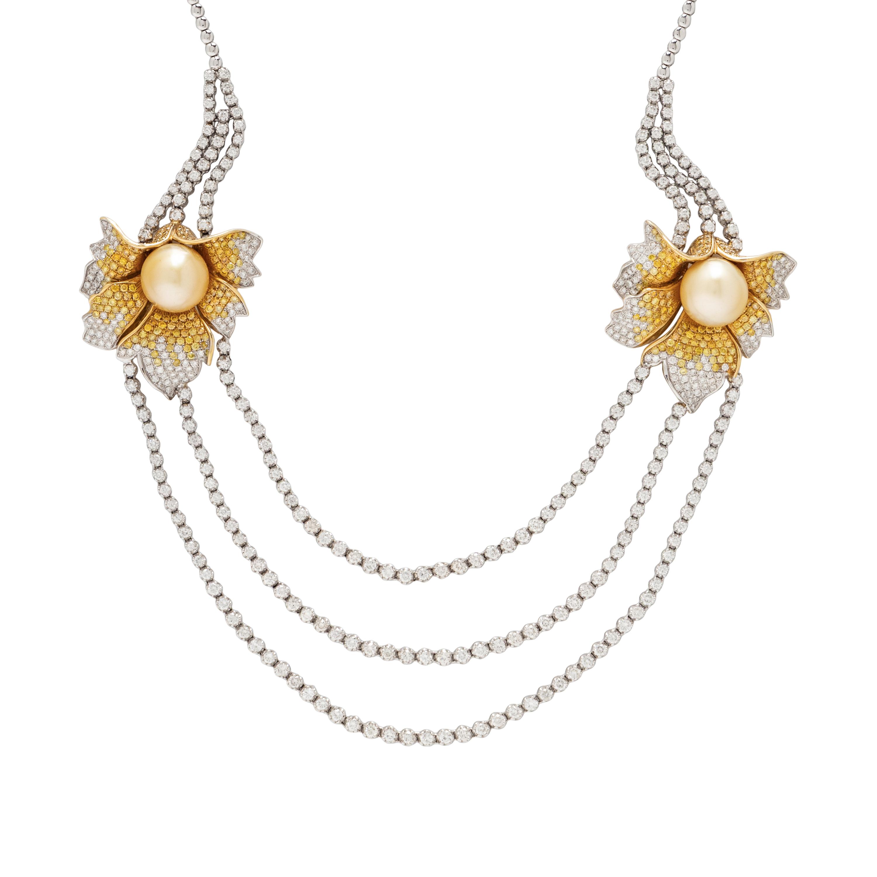 DIAMOND, YELLOW DIAMOND, AND GOLDEN CULTURED PEARL NECKLACE