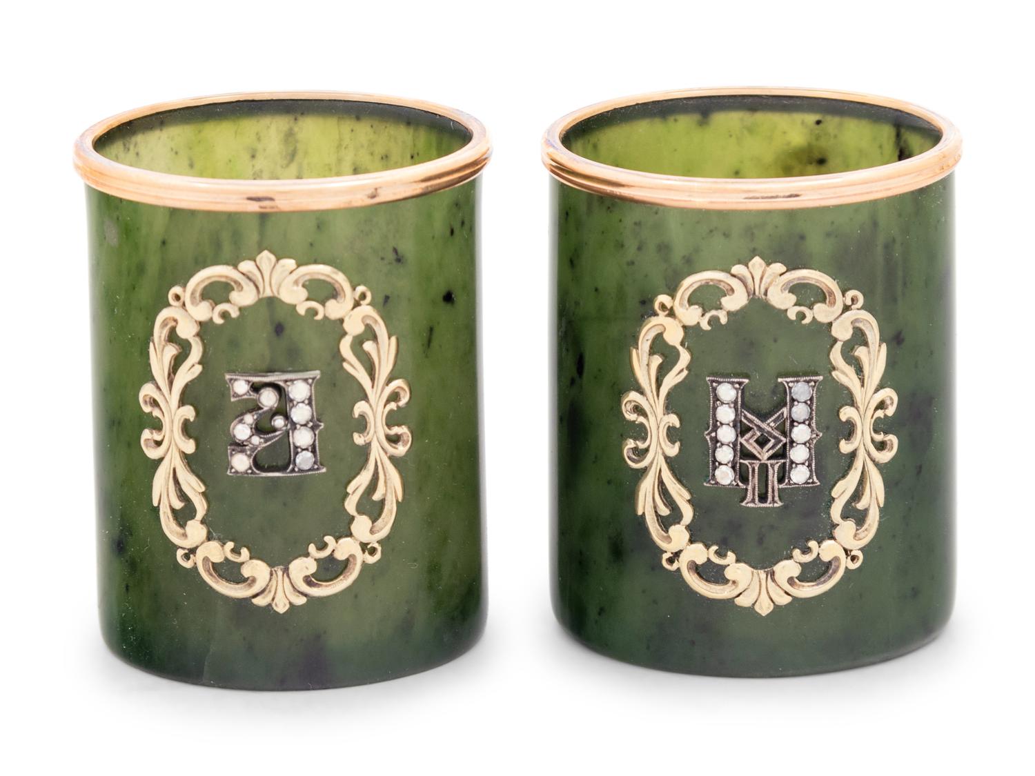 A Pair of Russian 14-Karat Gold and Diamond Mounted Jade Cordials
