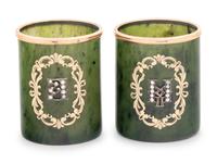 A Pair of Russian 14-Karat Gold and Diamond Mounted Jade Cordials