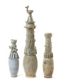 Three Celadon Glazed Pottery Funerary Jars — SONG-YUAN DYNASTY