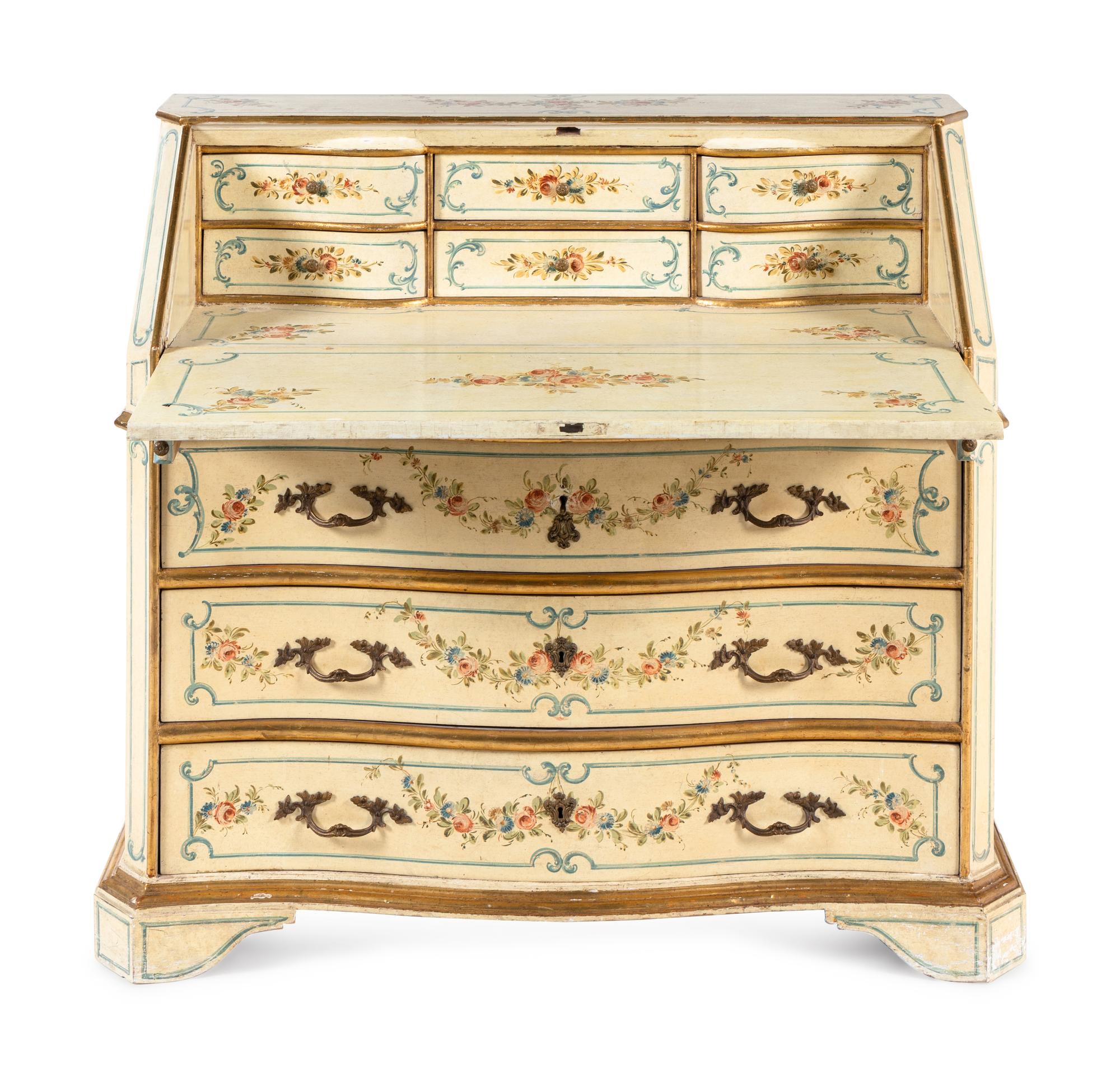 A Venetian Style Painted and Parcel-Gilt Slant-Front Bureau and Matching Hanging Vitrine