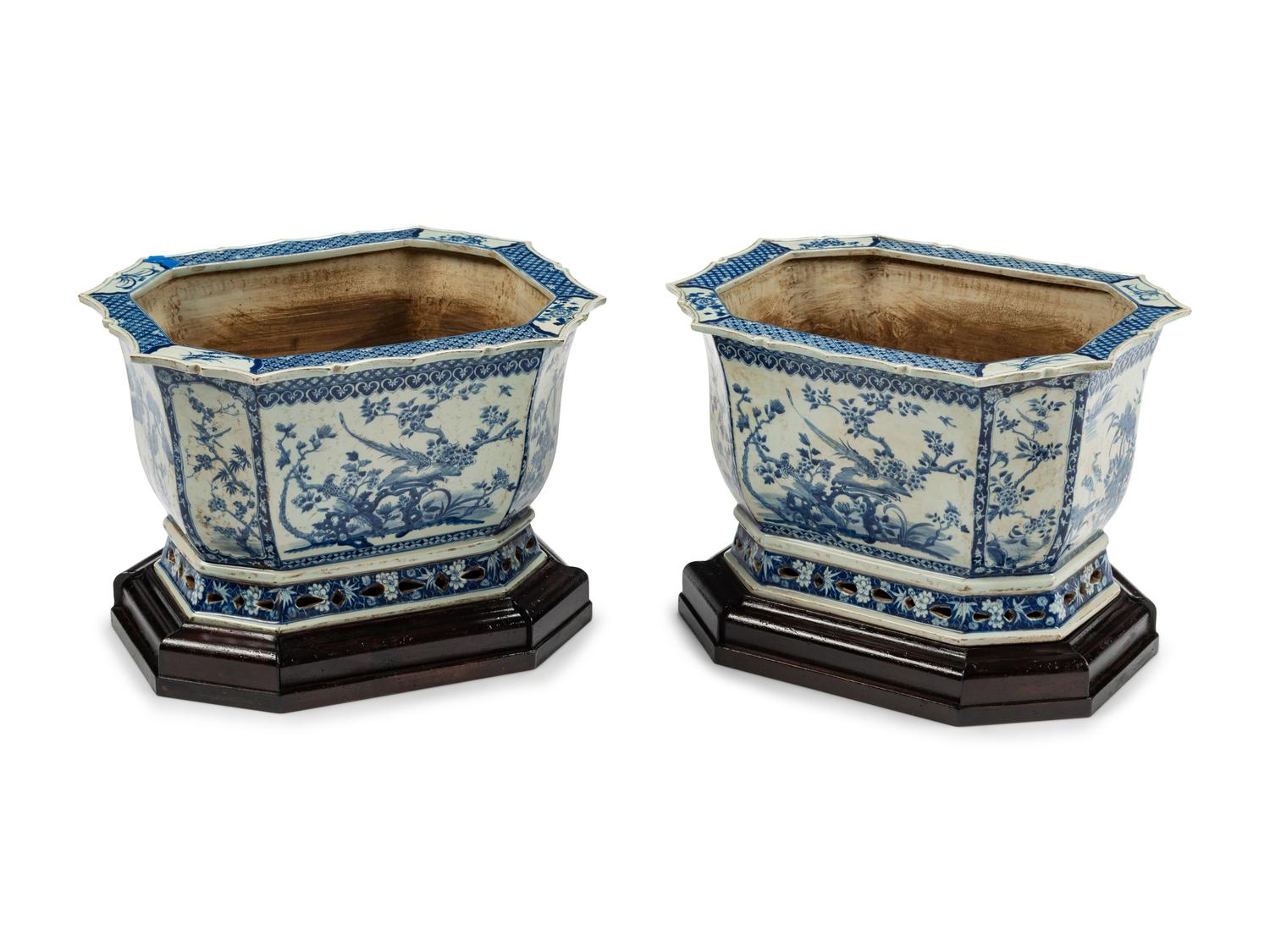 A Pair of Large Chinese Export Blue and White Porcelain Jardinières with Wood Bases
