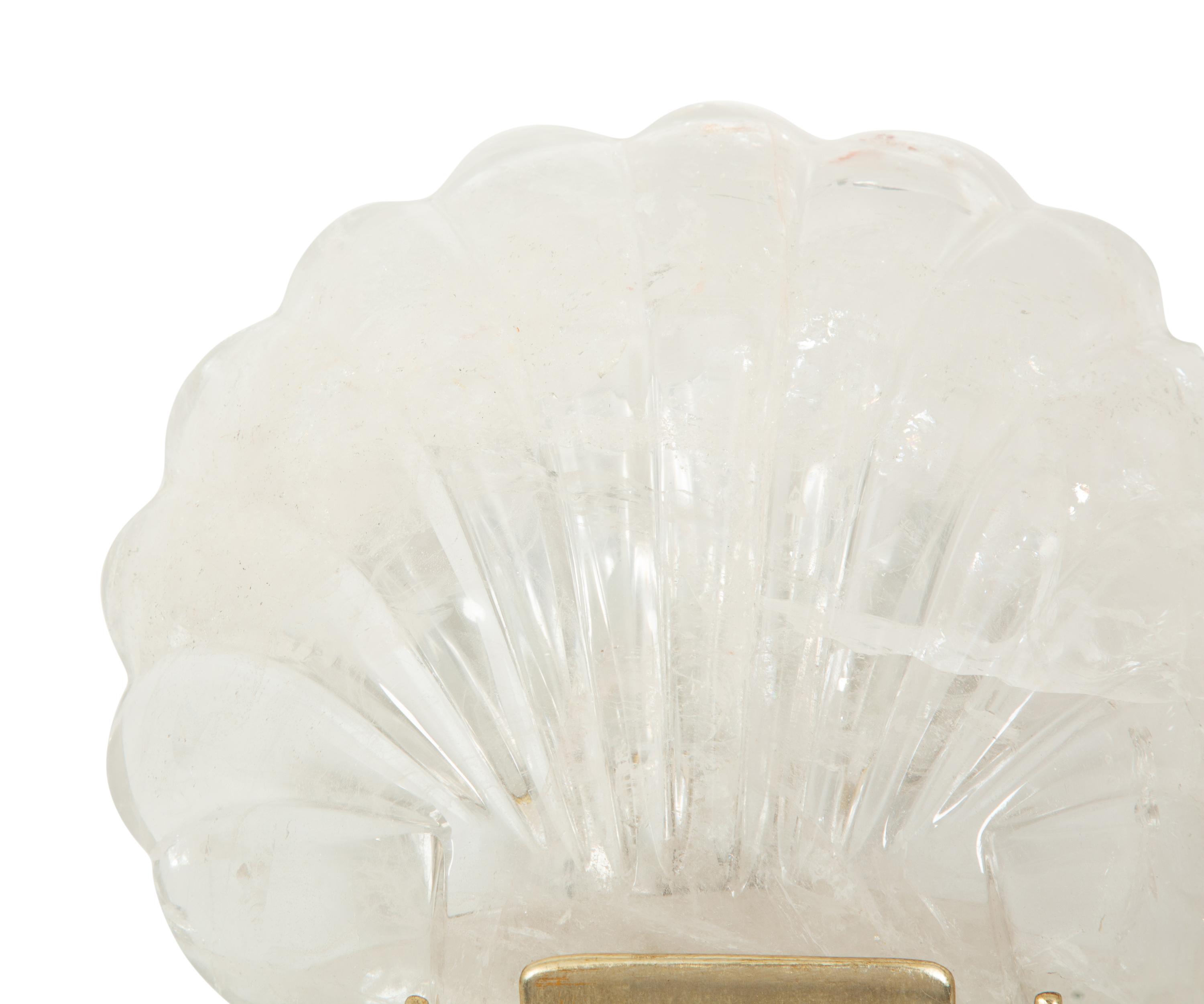 A Pair of Paul Ferrante Carved Rock Crystal and Silver Shell Sconces