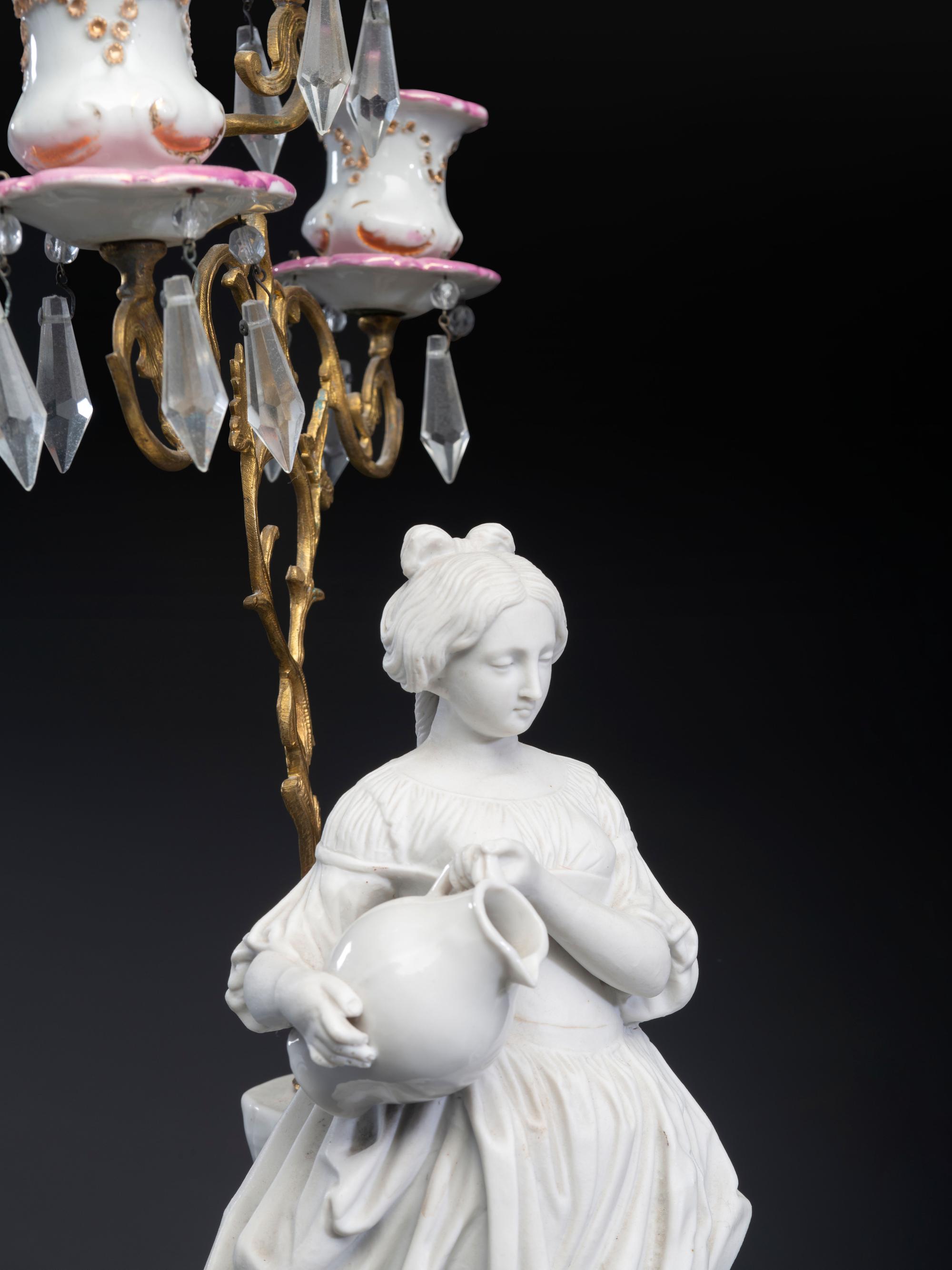 A Pair of French Parian and Enameled Metal Three-Light Figural Candelabra