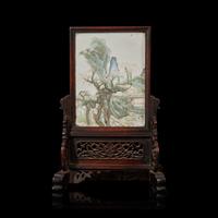 A Chinese Enameled Porcelain 'Landscape' and Carved Wood Table Screen, 19th Century 清晚期 硬木嵌粉彩山水圖插屏