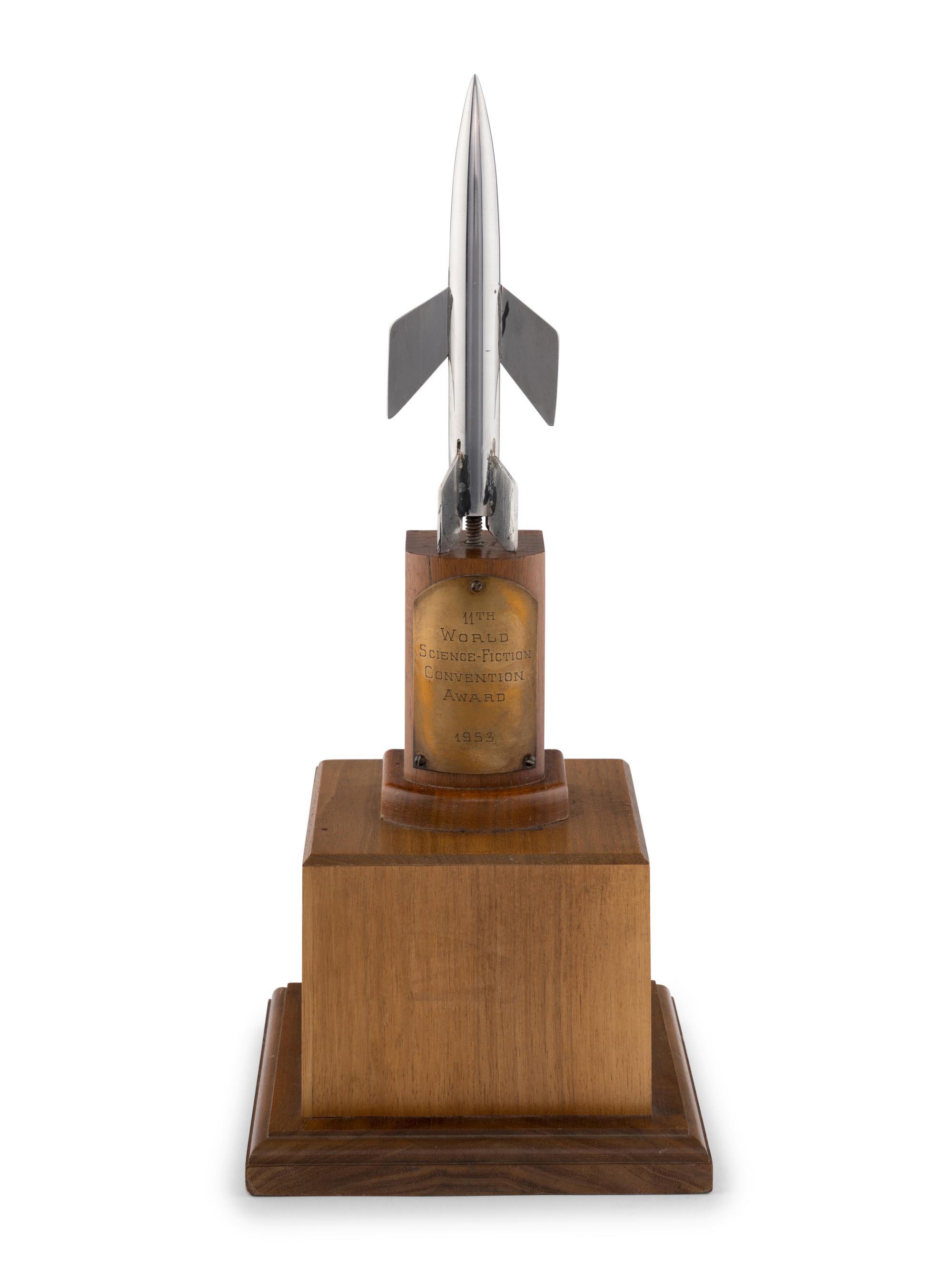 [HUGO AWARDS]. Award given to Forrest J. Ackerman by Isaac Asimov at the 11th WorldCon. 1953