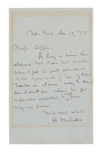MELVILLE, Herman (1819-1891). Autograph letter signed ("H. Melville"), to Miss Coffin. New York, 13 January 1872. One page, 8vo (202 x 126 mm). Creased, marginal toning from old framing, a few small stains to lower margin. Provenance : Richard Manney Library (sold, Sotheby’s New York, 11 October 1991, lot 227).