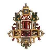 RENAISSANCE, YELLOW GOLD, POLYCHROME ENAMEL AND MULTIGEM PENDANT