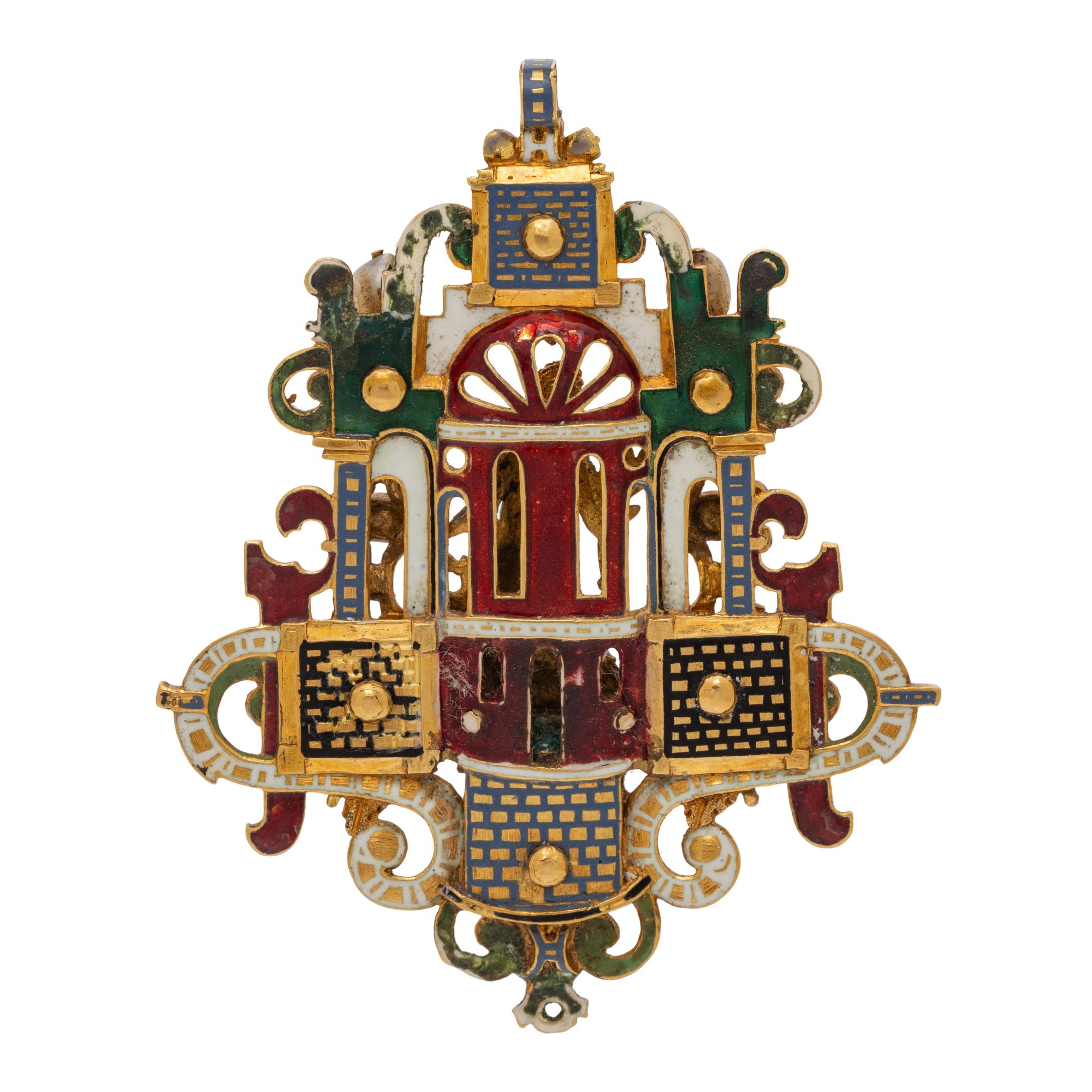 RENAISSANCE, YELLOW GOLD, POLYCHROME ENAMEL AND MULTIGEM PENDANT