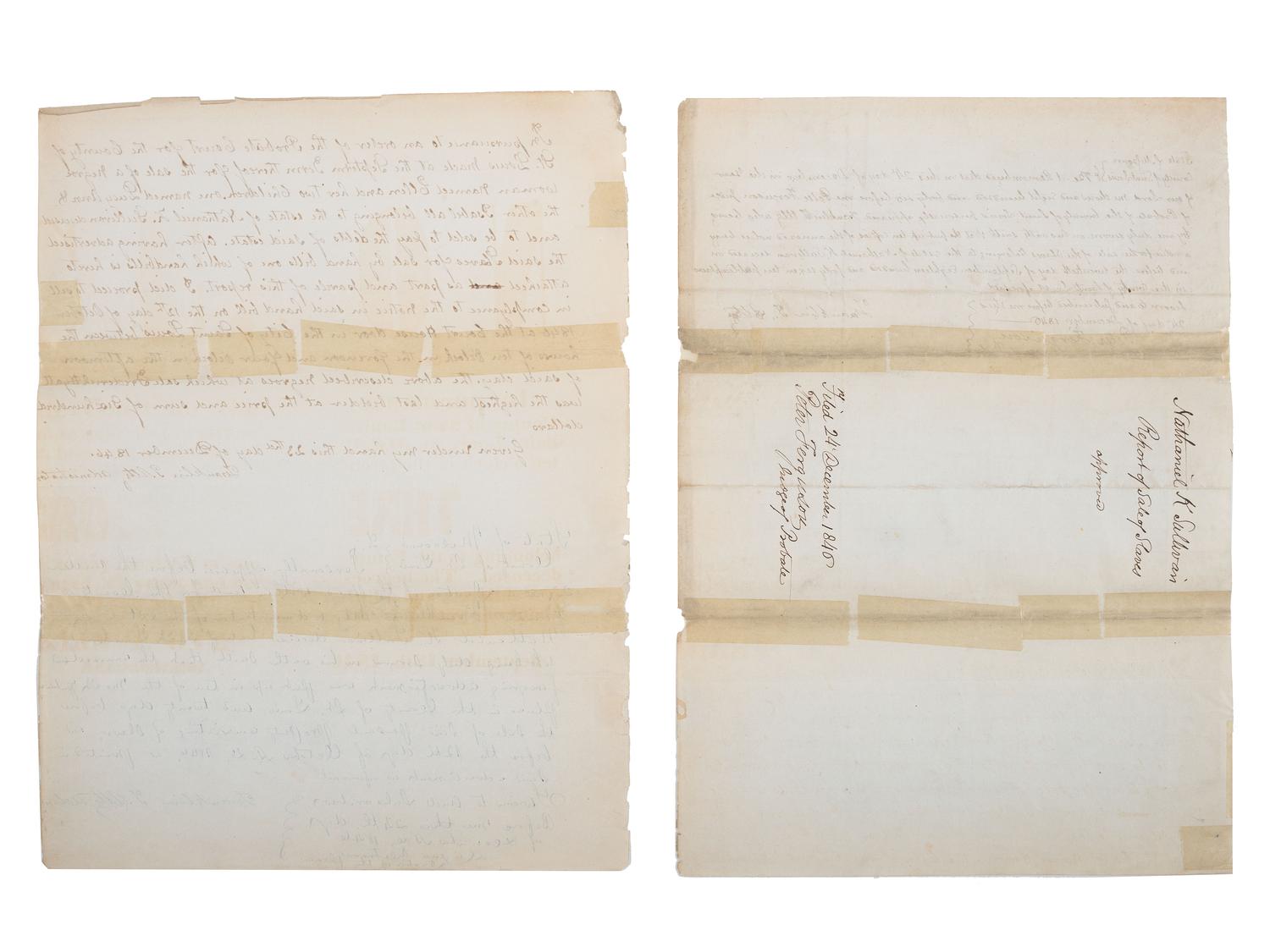 [SLAVERY & ABOLITION]. Manuscript probate document reporting the court-ordered sale of the enslaved woman "Ellen" and her two children "Lucy Ann" and "Isabel." St. Louis, Missouri, 23 December 1846.