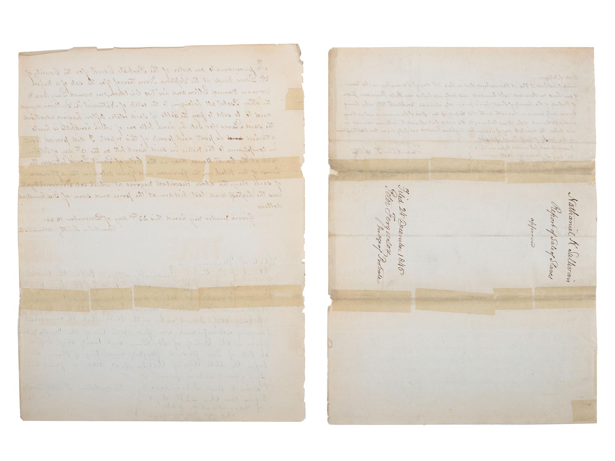 [SLAVERY & ABOLITION]. Manuscript probate document reporting the court-ordered sale of the enslaved woman "Ellen" and her two children "Lucy Ann" and "Isabel." St. Louis, Missouri, 23 December 1846.