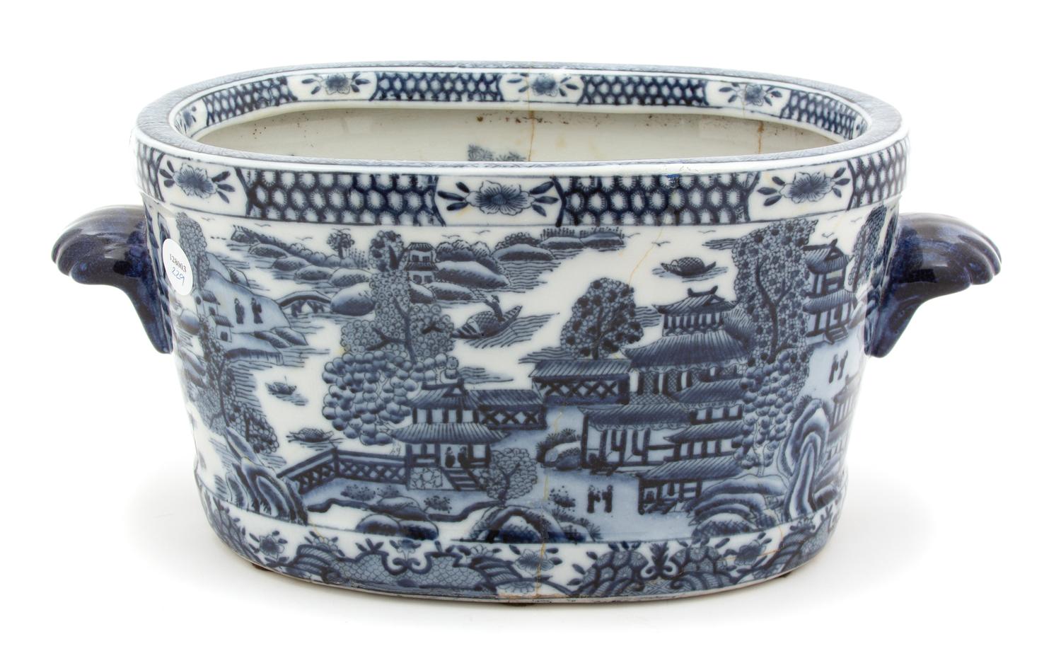 A Chinese Export Blue and White Porcelain Jardiniere Height 8 x length 18 inches. — 19TH CENTURY