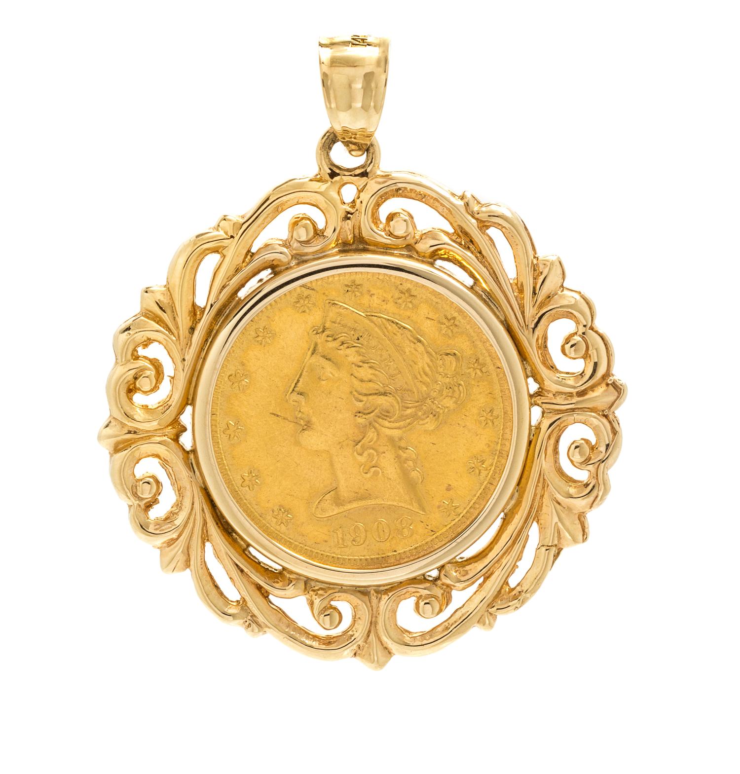 A Yellow Gold US $5 1908 Liberty Head Coin Pendant, 11.10 dwts.