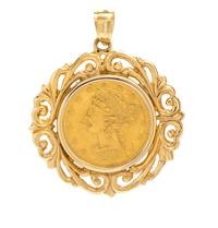 A Yellow Gold US $5 1908 Liberty Head Coin Pendant, 11.10 dwts.