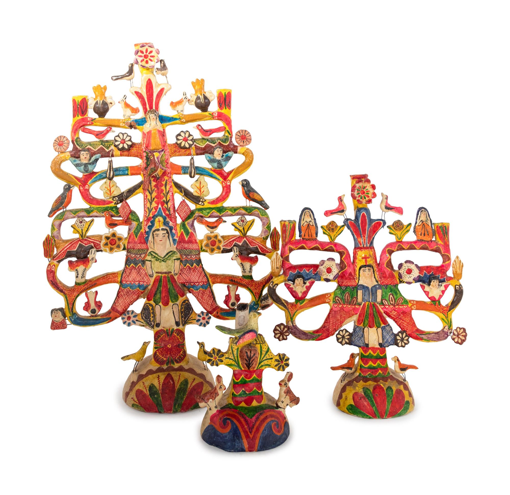 Three Mexican Glazed Terra Cotta Candelabra