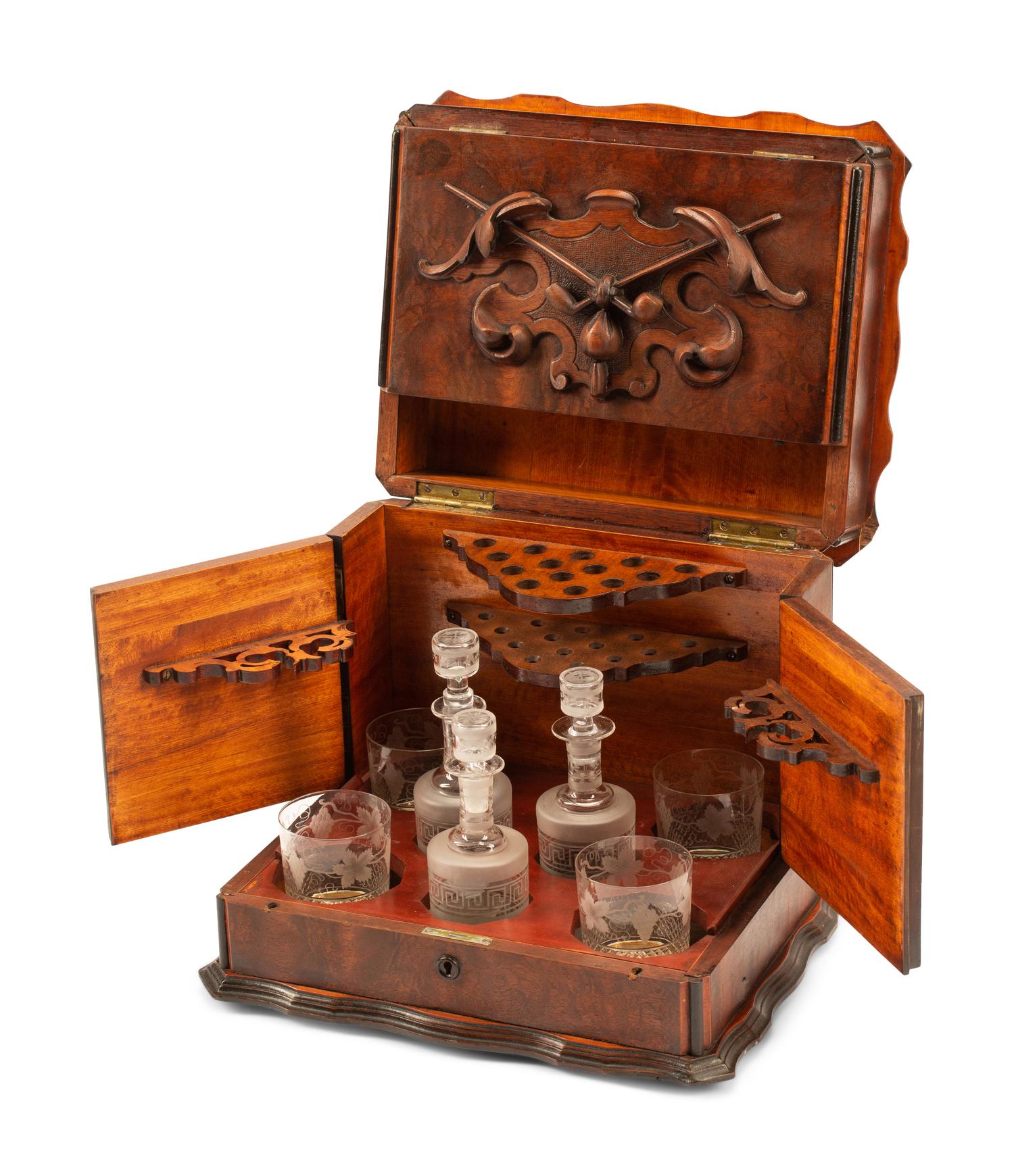 A Swiss Carved Burl Walnut Humidor and Liquor Box