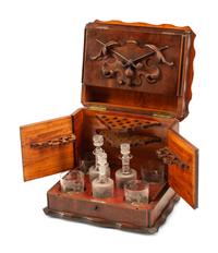 A Swiss Carved Burl Walnut Humidor and Liquor Box
