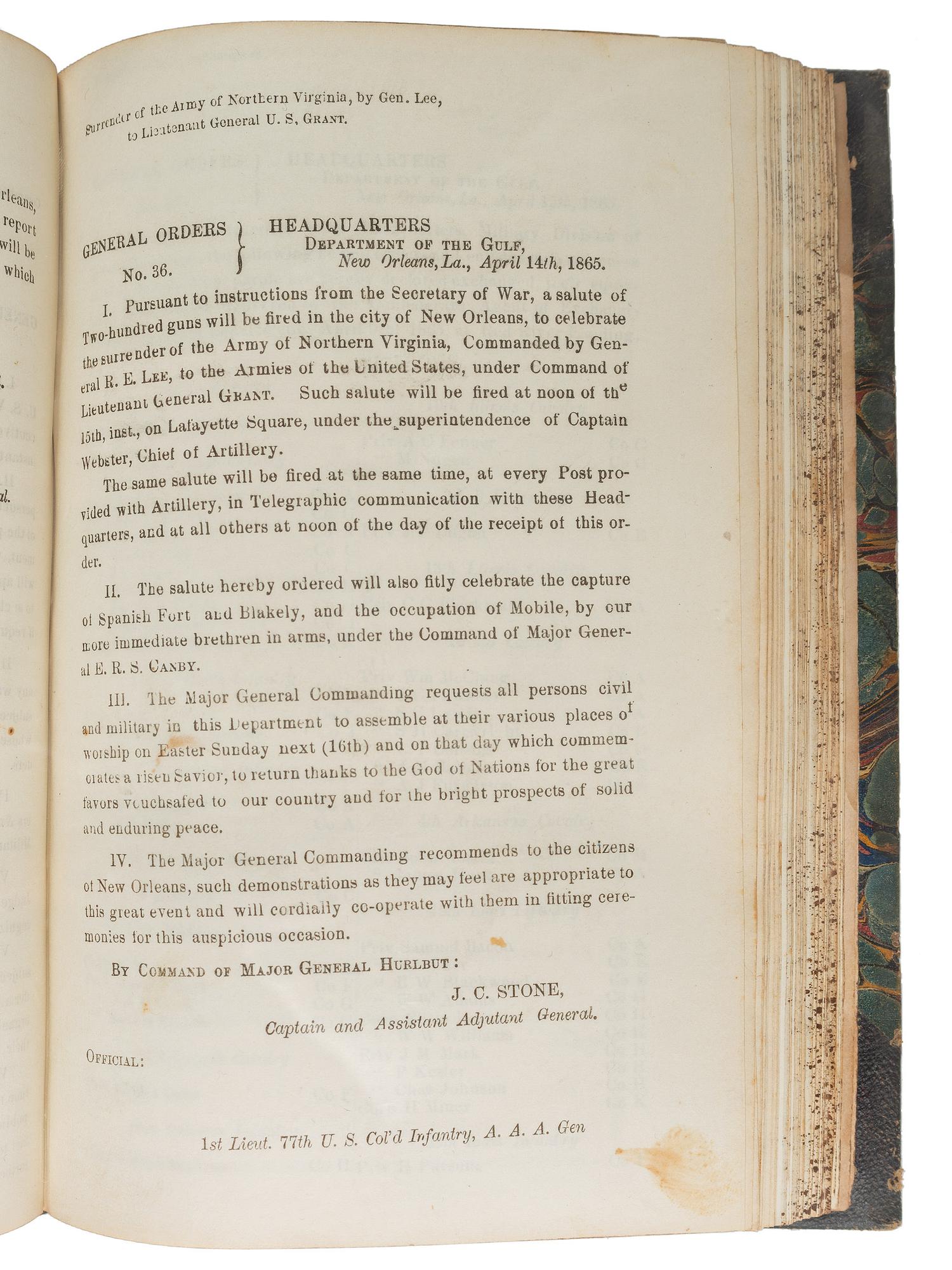 [CIVIL WAR]. Bound volume of General Orders and Circulars issued by the Department of the Gulf including orders related to Colored Troops, Freedmen, and Lincoln's Assassination, 1865.