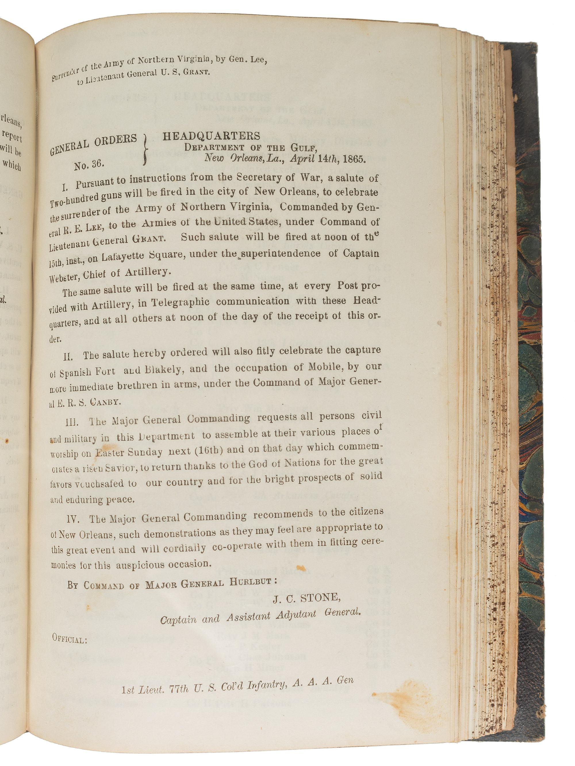 [CIVIL WAR]. Bound volume of General Orders and Circulars issued by the Department of the Gulf including orders related to Colored Troops, Freedmen, and Lincoln's Assassination, 1865.