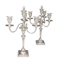 A Pair of Neoclassical Silver-Plate Four-Light Convertible Candelabra