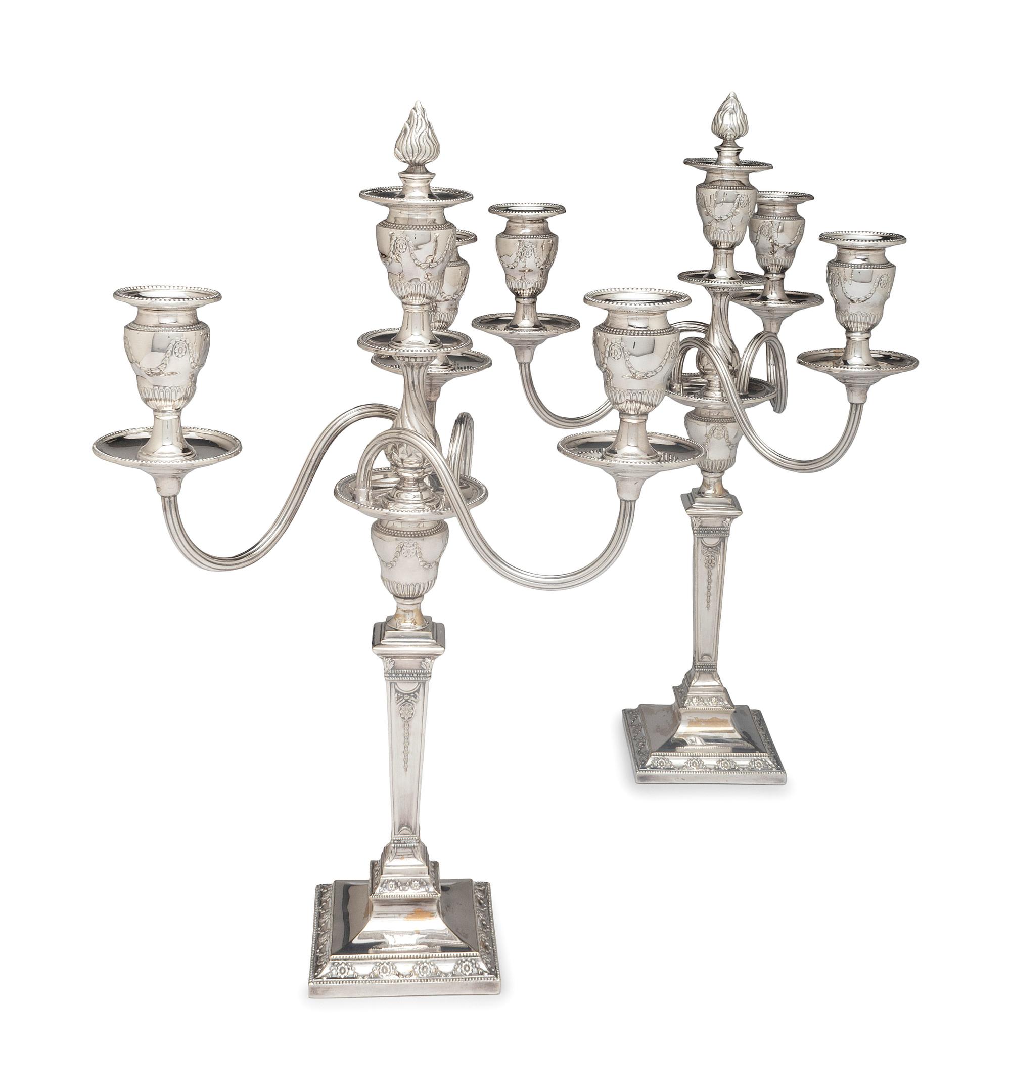 A Pair of Neoclassical Silver-Plate Four-Light Convertible Candelabra
