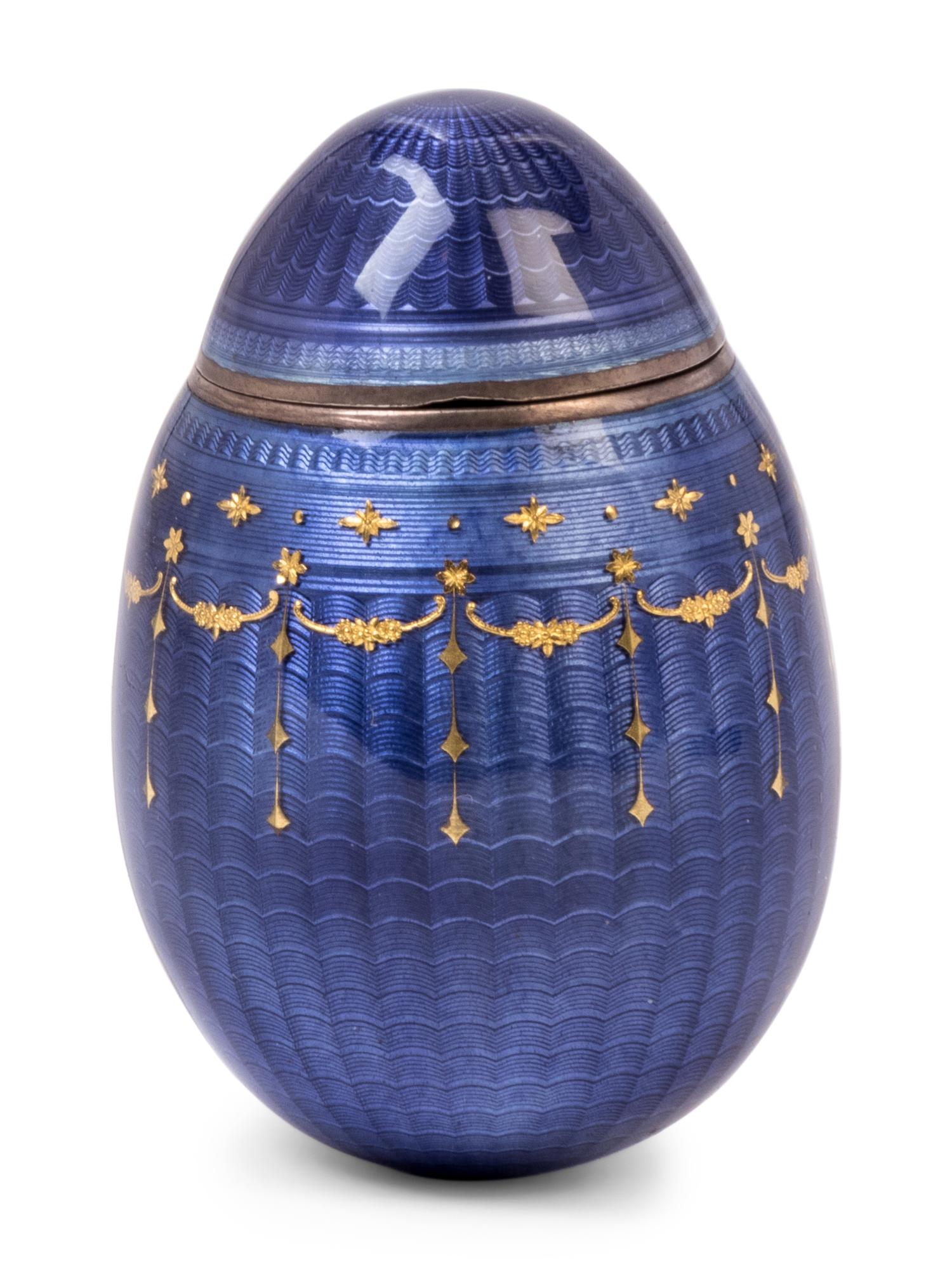 A Norwegian Silver-Gilt and Gold-Inlaid Guilloché Enamel Egg-Form Box of Russian Imperial Interest