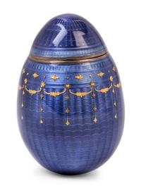 A Norwegian Silver-Gilt and Gold-Inlaid Guilloché Enamel Egg-Form Box of Russian Imperial Interest