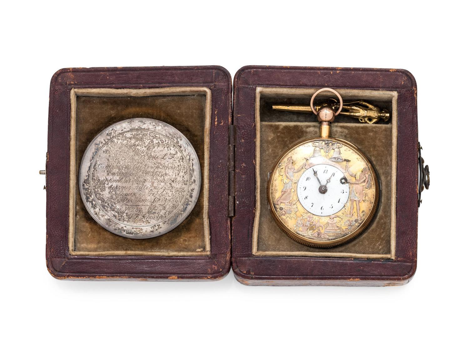A Historic 18 Karat Tricolor Gold Open Face Jacquemart Automaton Quarter Repeater Pocket Watch Purportedly Owned by Marquis de Lafayette