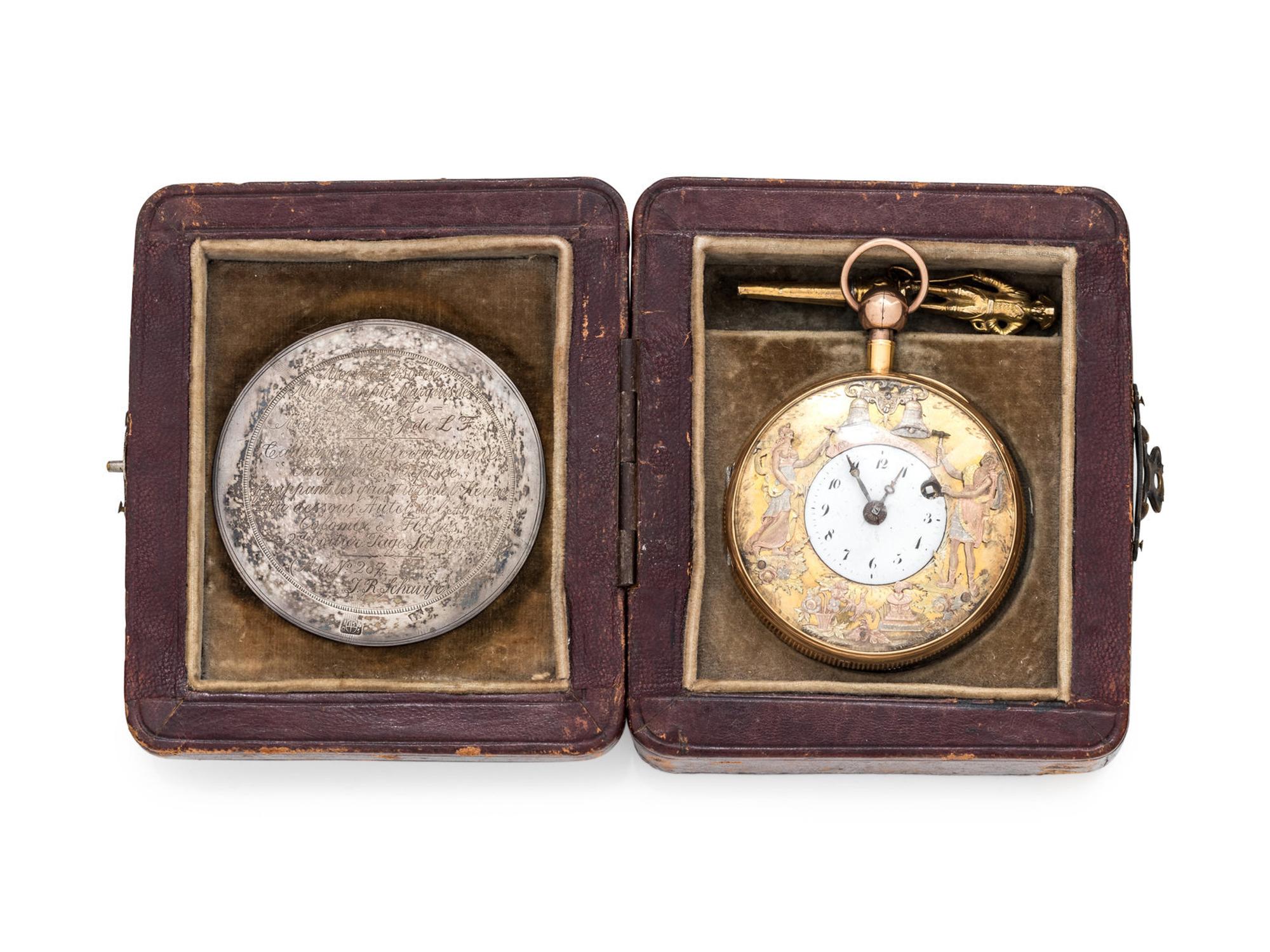 A Historic 18 Karat Tricolor Gold Open Face Jacquemart Automaton Quarter Repeater Pocket Watch Purportedly Owned by Marquis de Lafayette