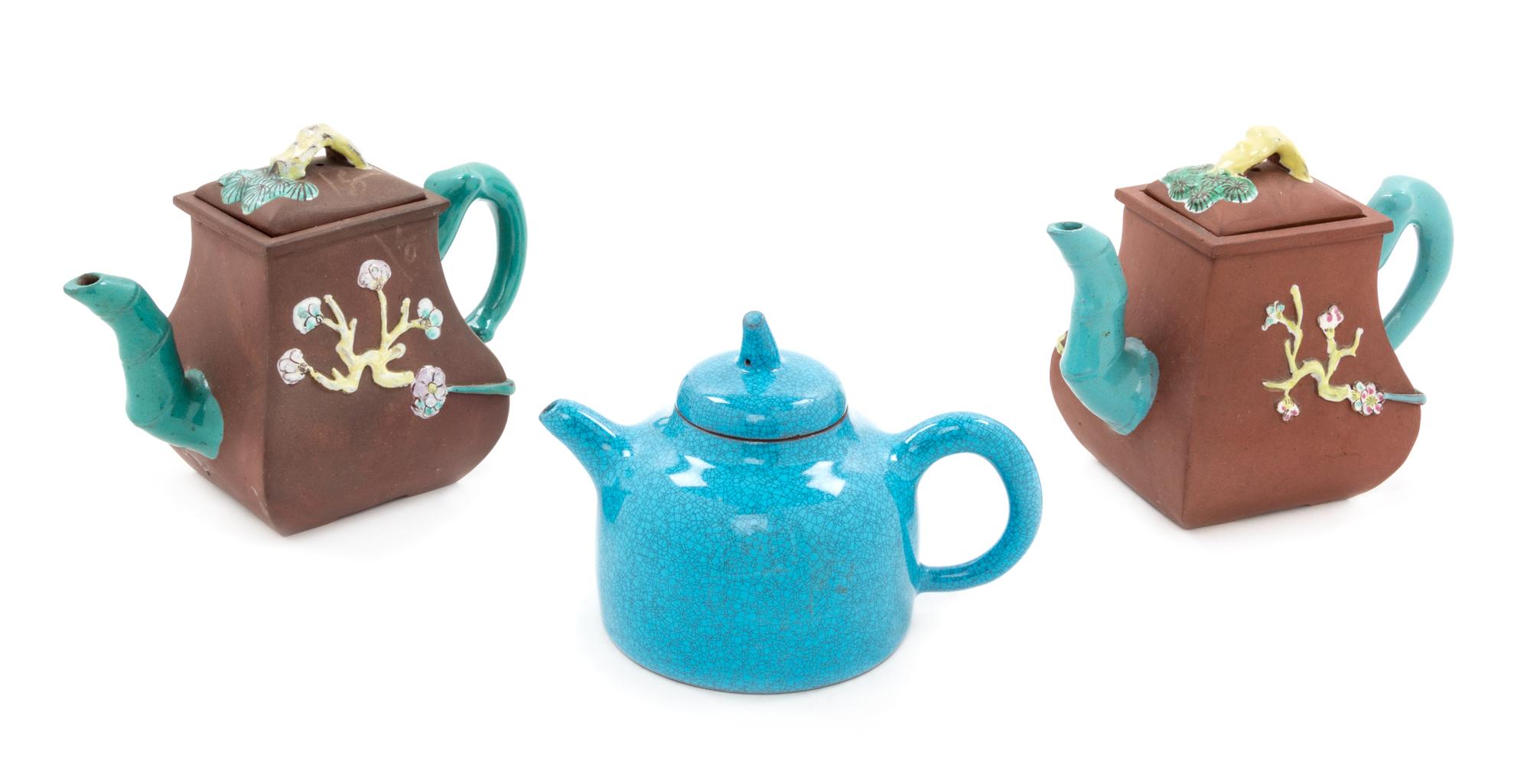 Three Chinese Yixing Pottery Teapots Height of tallest 5 1/2 inches. — LATE QING DYNASTY