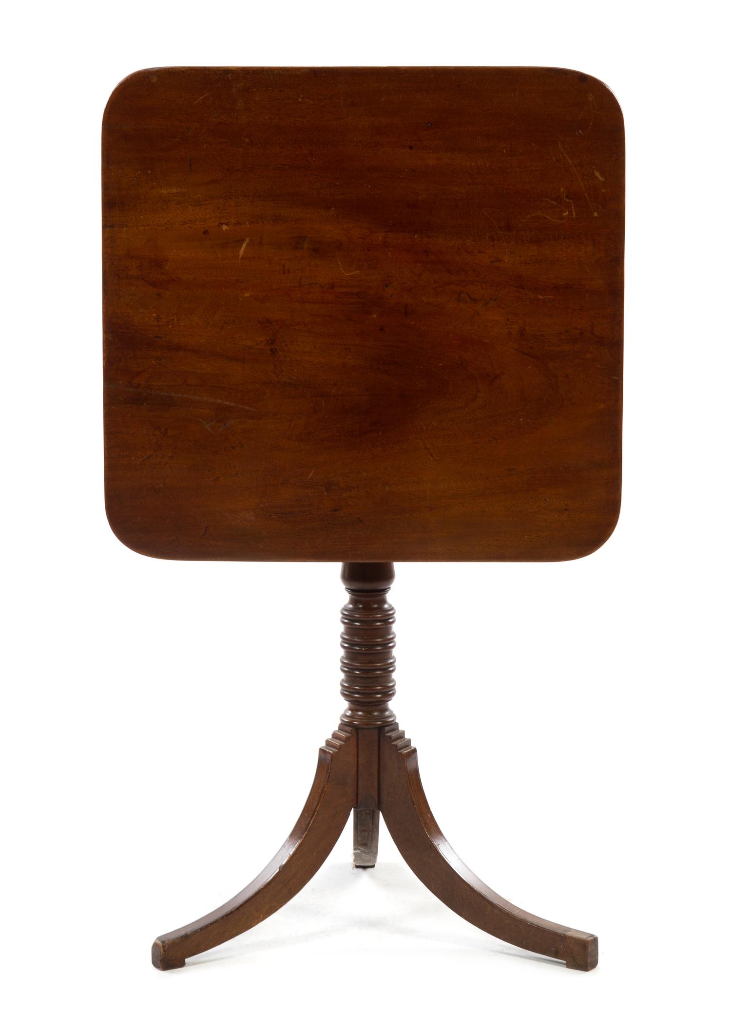 A George III Mahogany Tilt Top Tea Table Height 27 3/4 x width 22 1/4 x depth 22 1/4 inches.