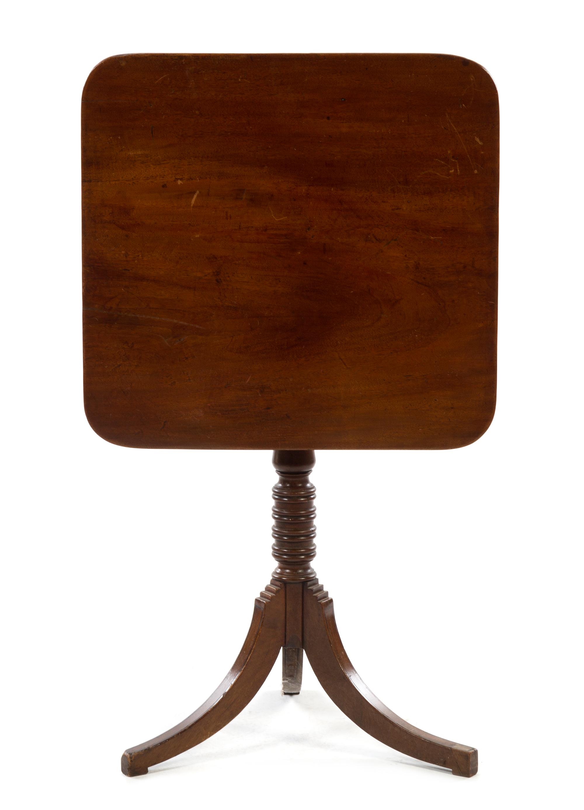 A George III Mahogany Tilt Top Tea Table Height 27 3/4 x width 22 1/4 x depth 22 1/4 inches.