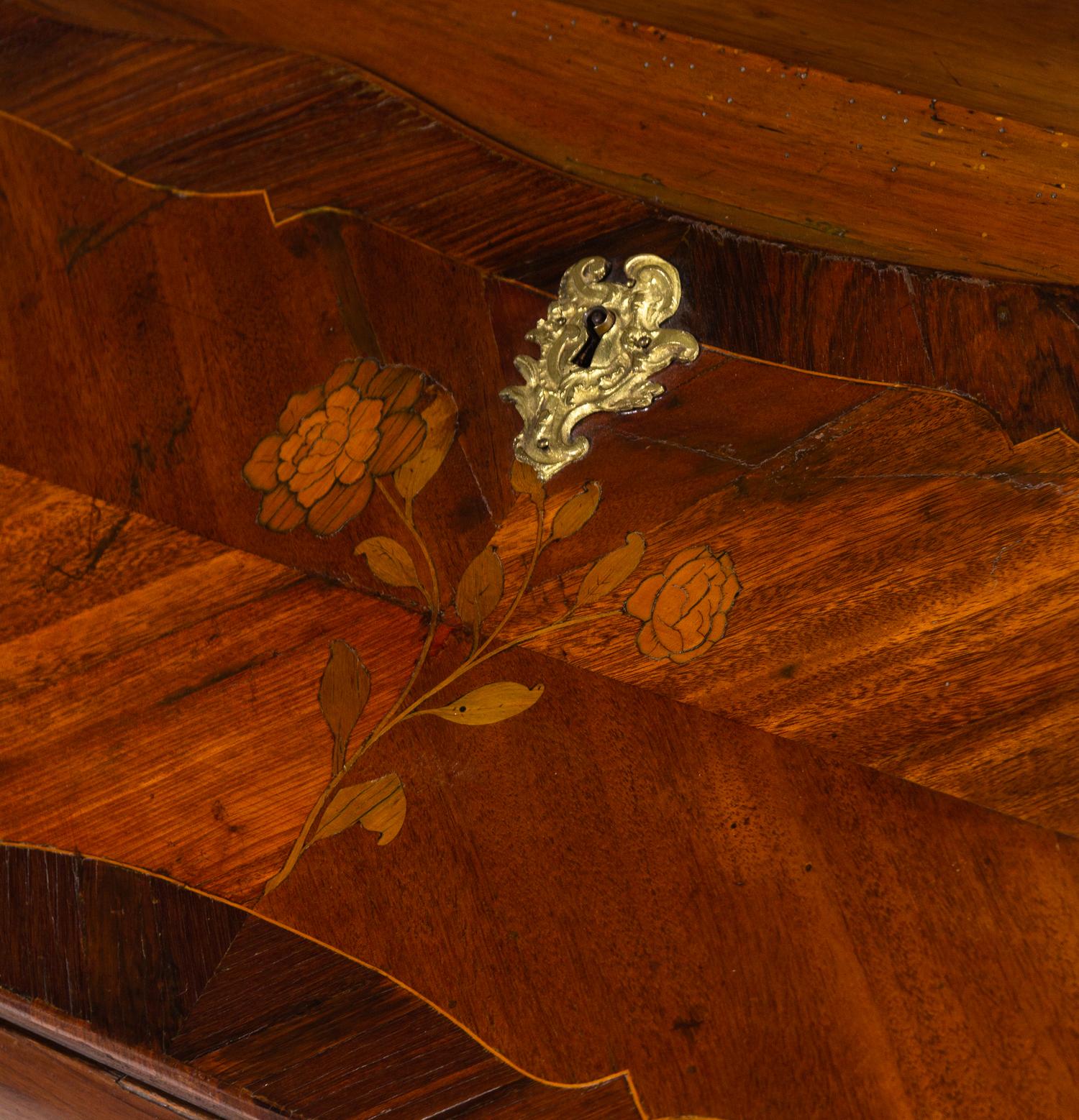 A Louis XV Gilt Bronze Mounted Walnut, Mahogany and Marquetry Bureau en Pente