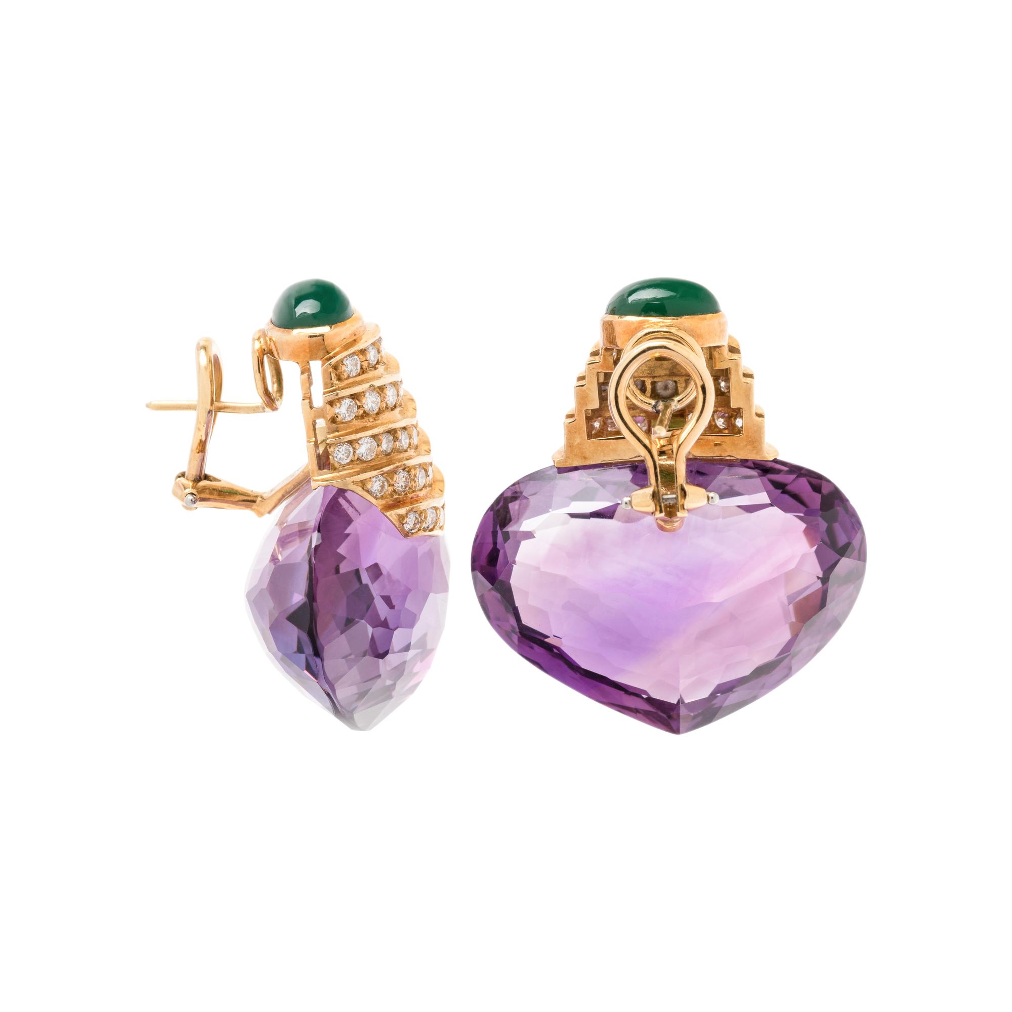 AMETHYST, CHRYSOPRASE AND DIAMOND EARCLIPS