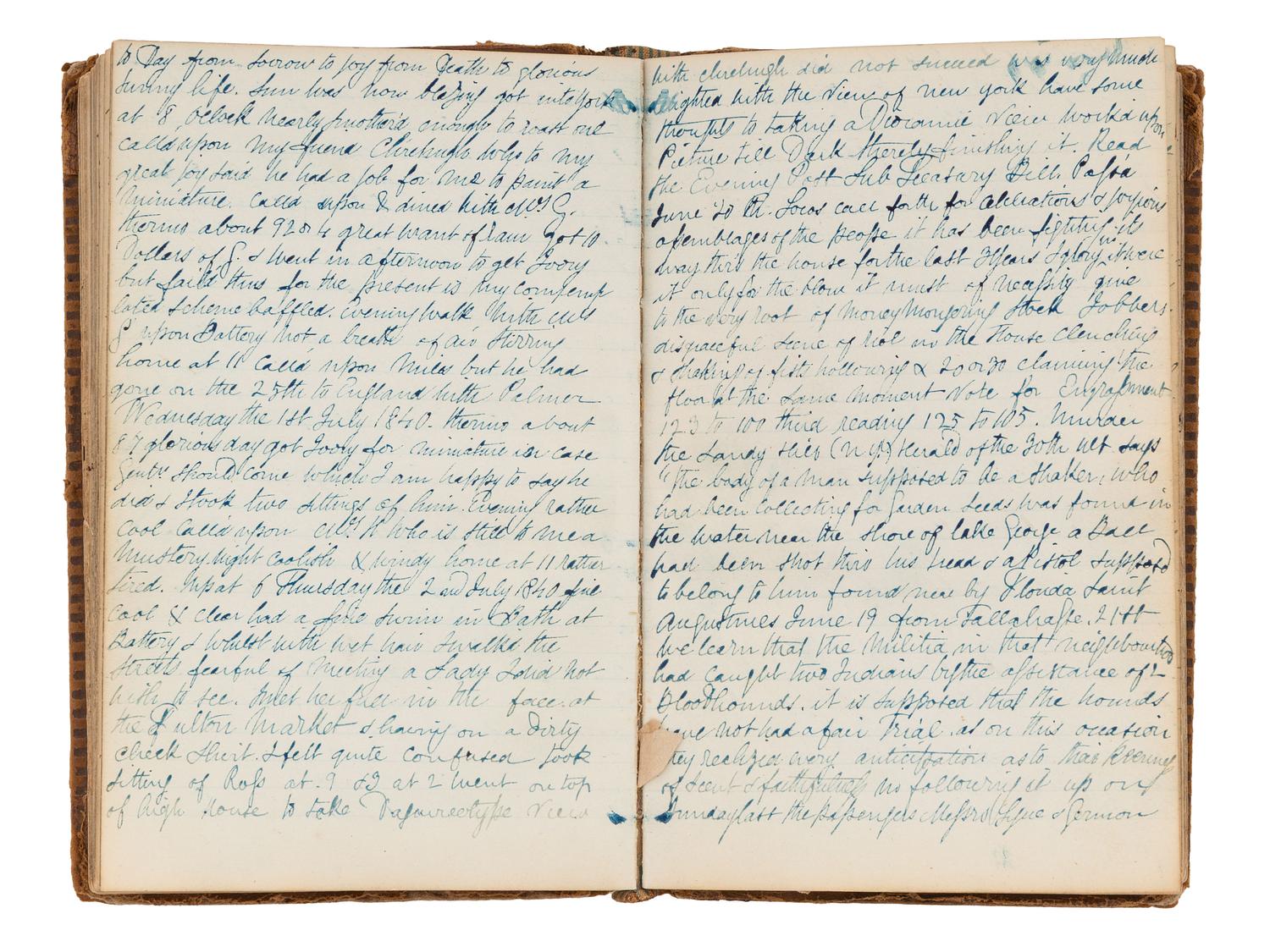 [EARLY PHOTOGRAPHY]. Manuscript diary of an itinerant portraiture artist, phrenology enthusiast, and daguerreotype experimentalist, documenting his daily endeavors in New York City and Albany. 1840.