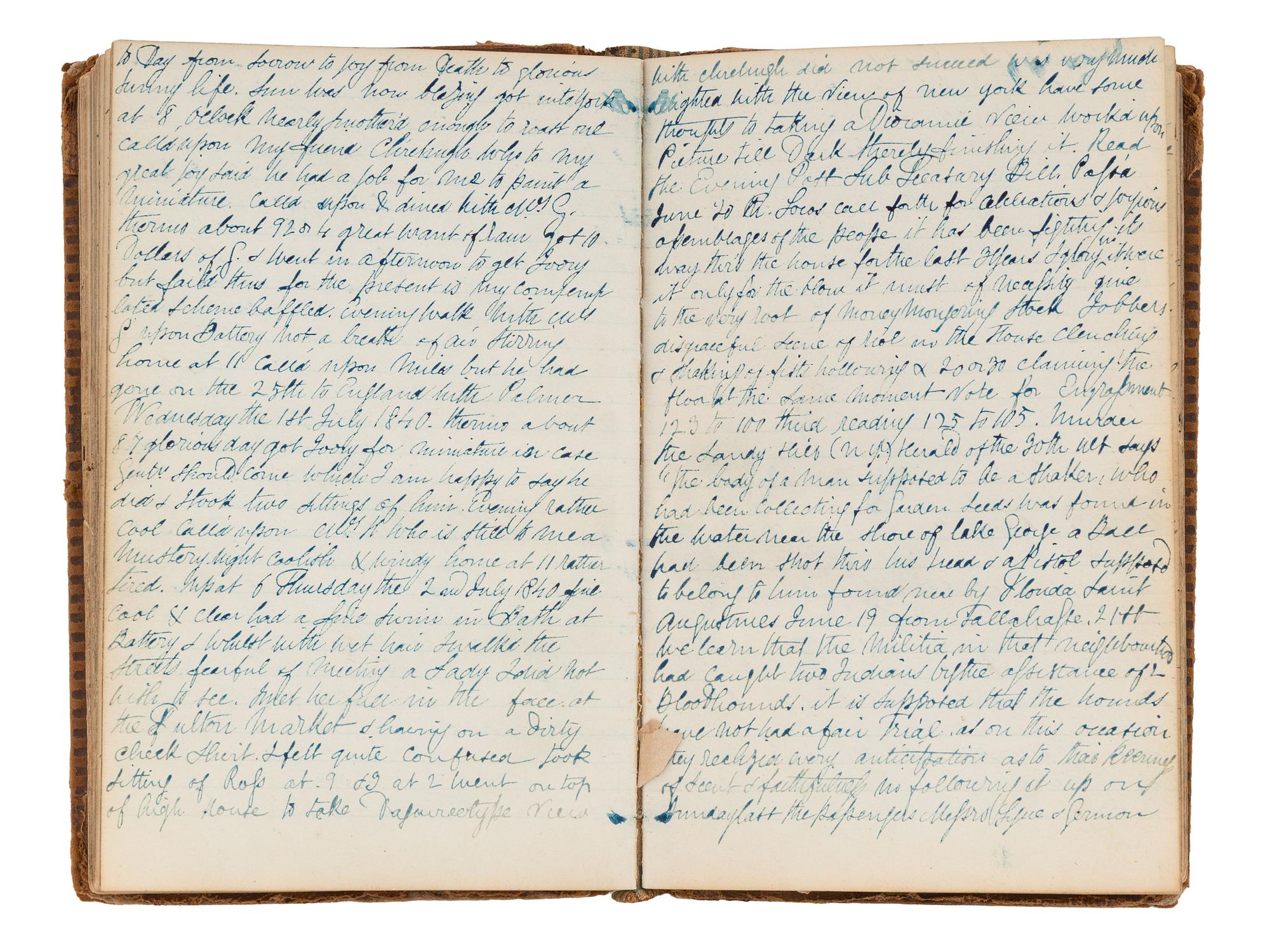 [EARLY PHOTOGRAPHY]. Manuscript diary of an itinerant portraiture artist, phrenology enthusiast, and daguerreotype experimentalist, documenting his daily endeavors in New York City and Albany. 1840.