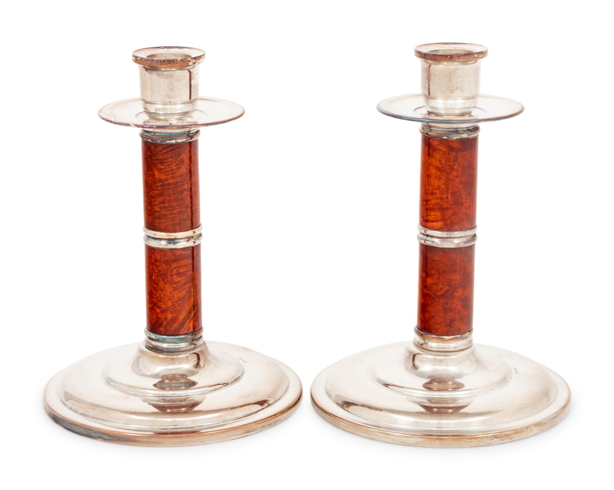 A Pair of Broggi Silver-Plate and Enamel Candlesticks