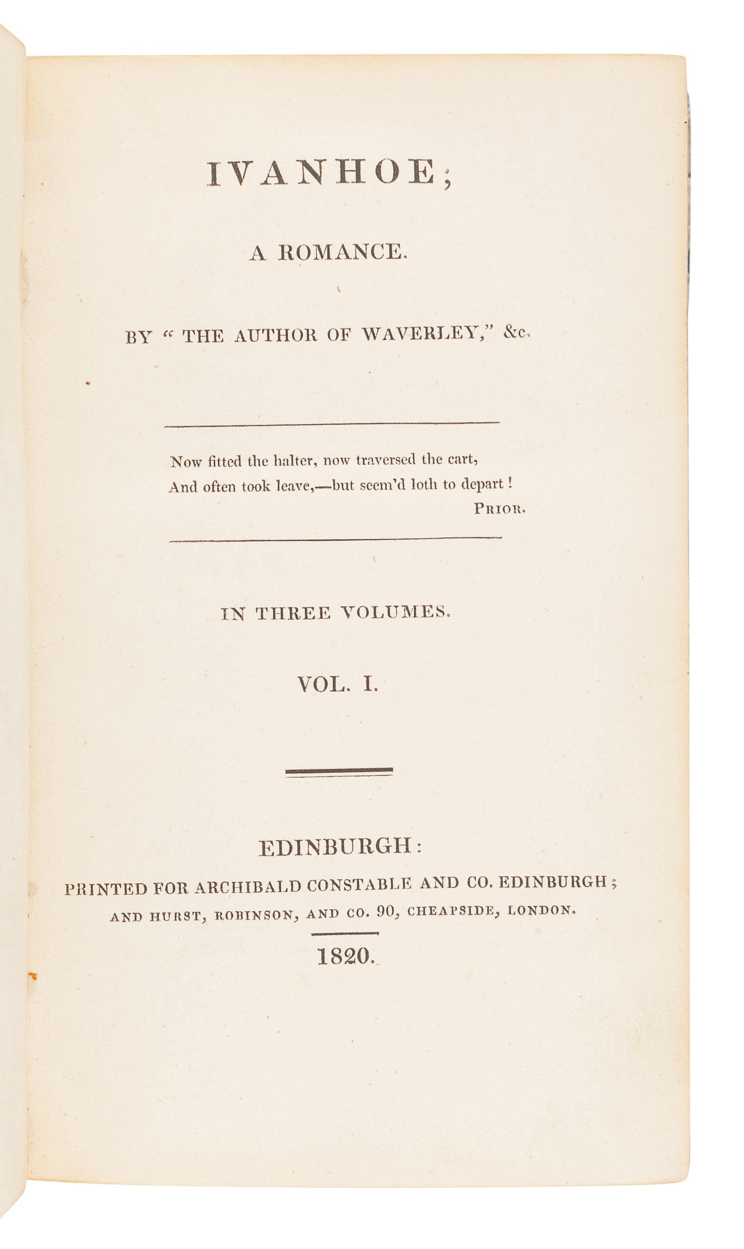 SCOTT, Walter, Sir (1771-1832). Ivanhoe . Edinburgh: for Archibald Constable and Co. and Hurst, Robinson, and Co., 1820.